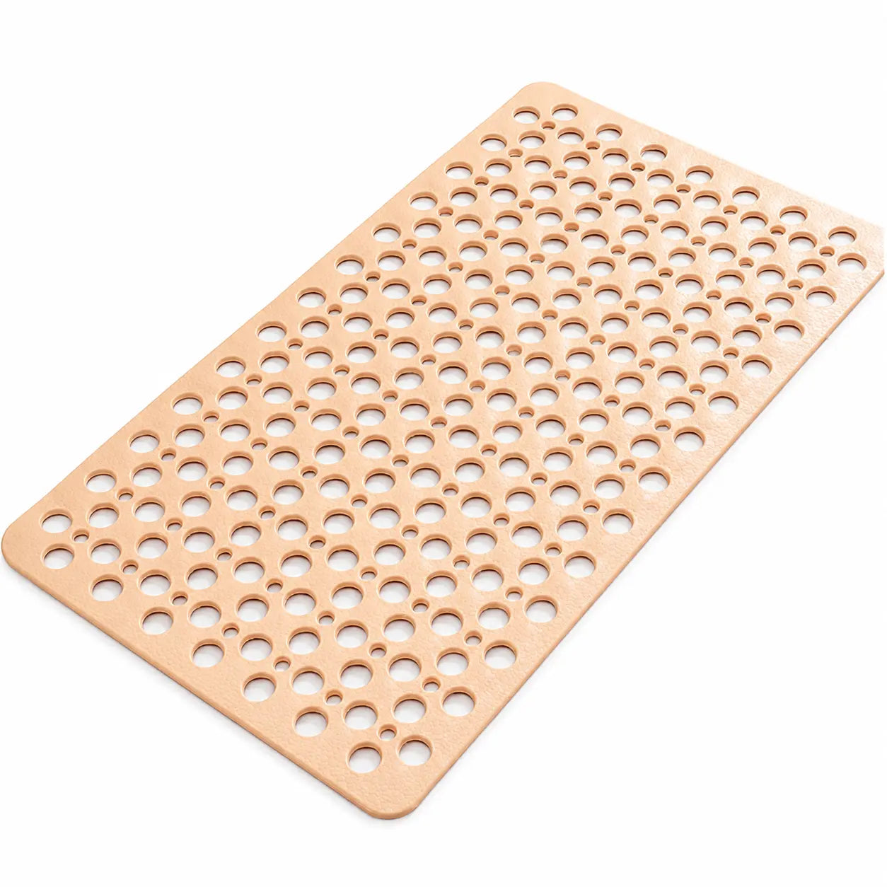 Beige rubber bath mat with a grid of holes on a white background