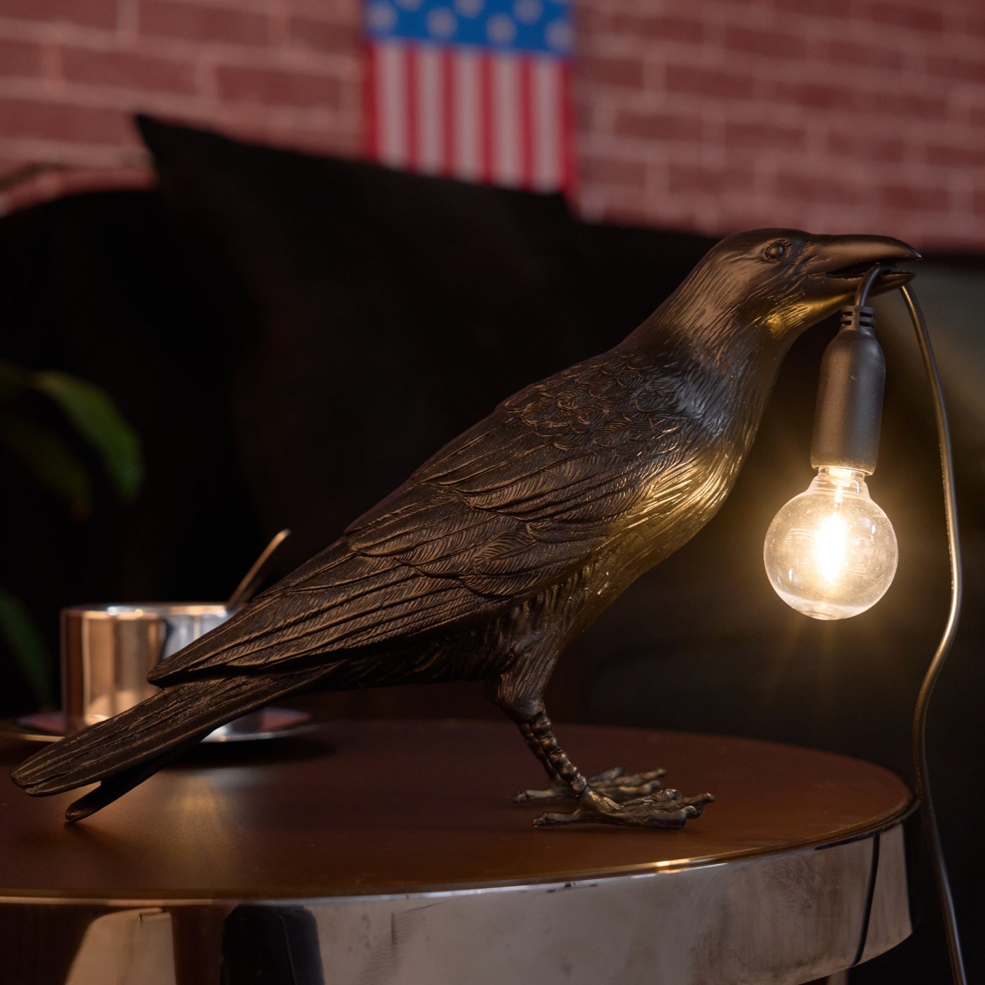 Black Resin Raven Lamp with Hanging LED Bulb