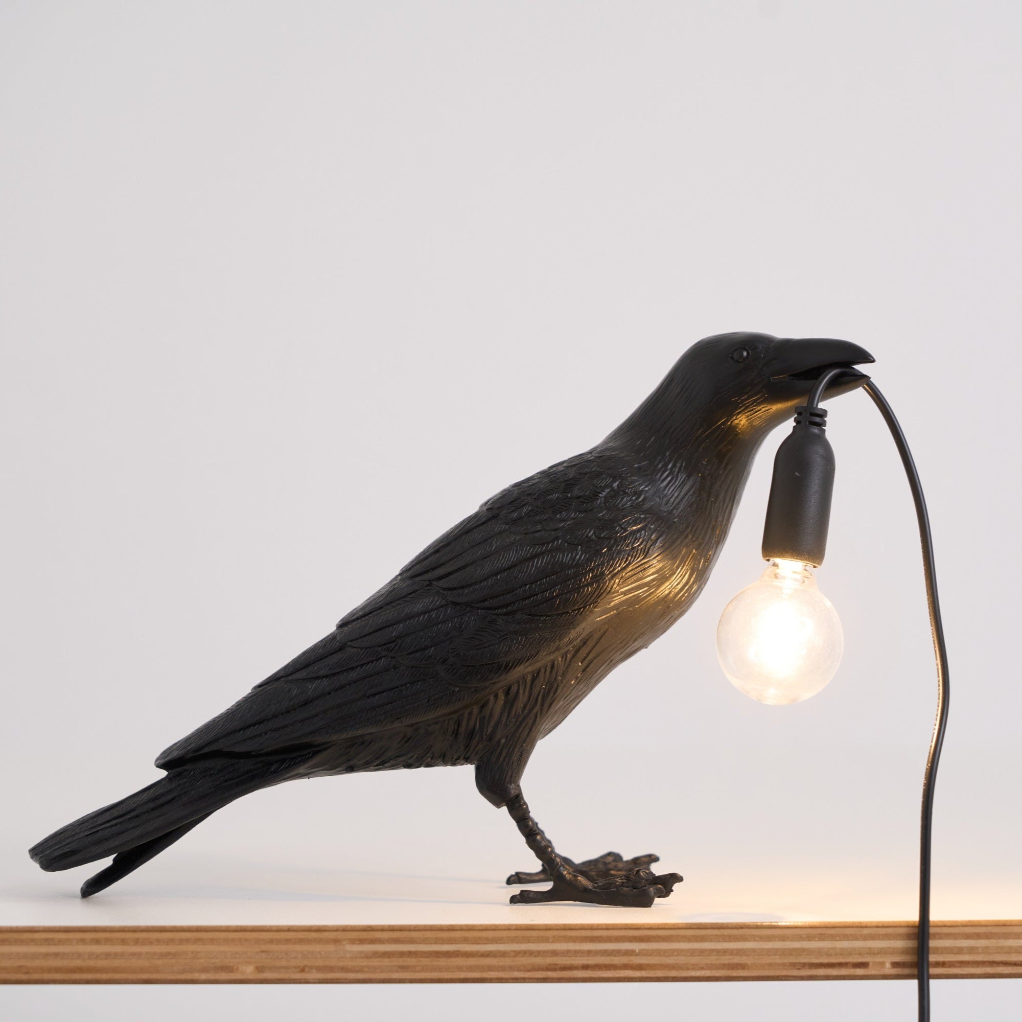 Black Resin Raven Lamp with Hanging LED Bulb