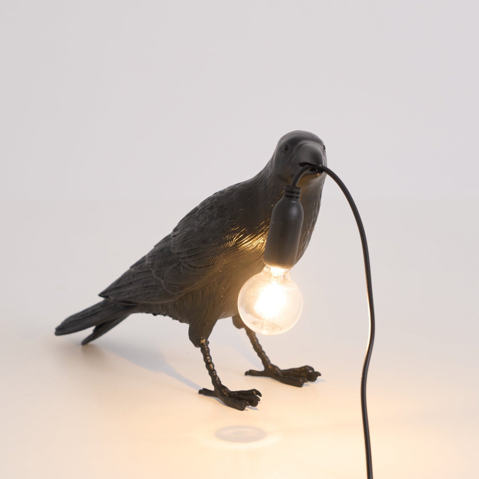 Black Resin Raven Lamp with Hanging LED Bulb