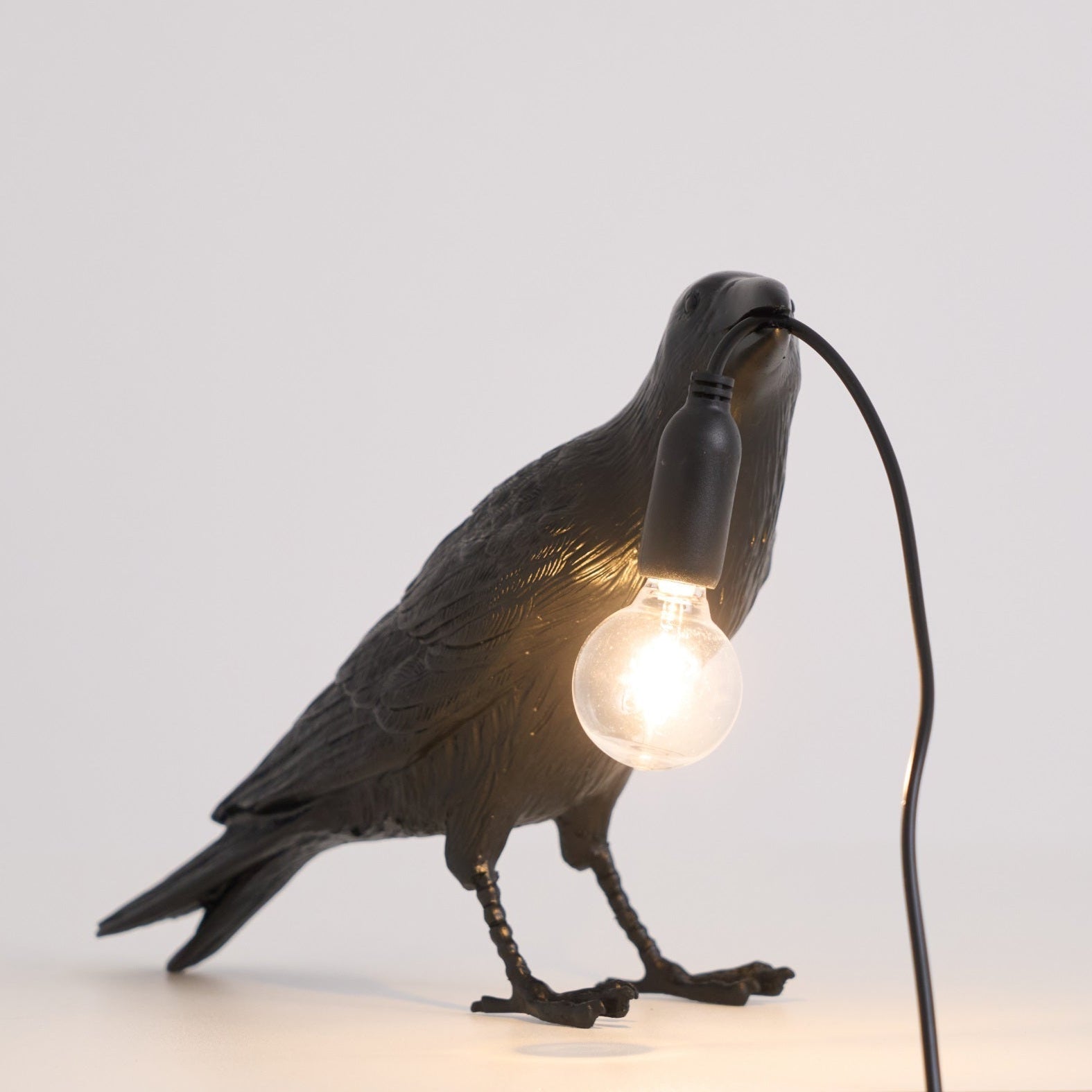 Black Resin Raven Lamp with Hanging LED Bulb