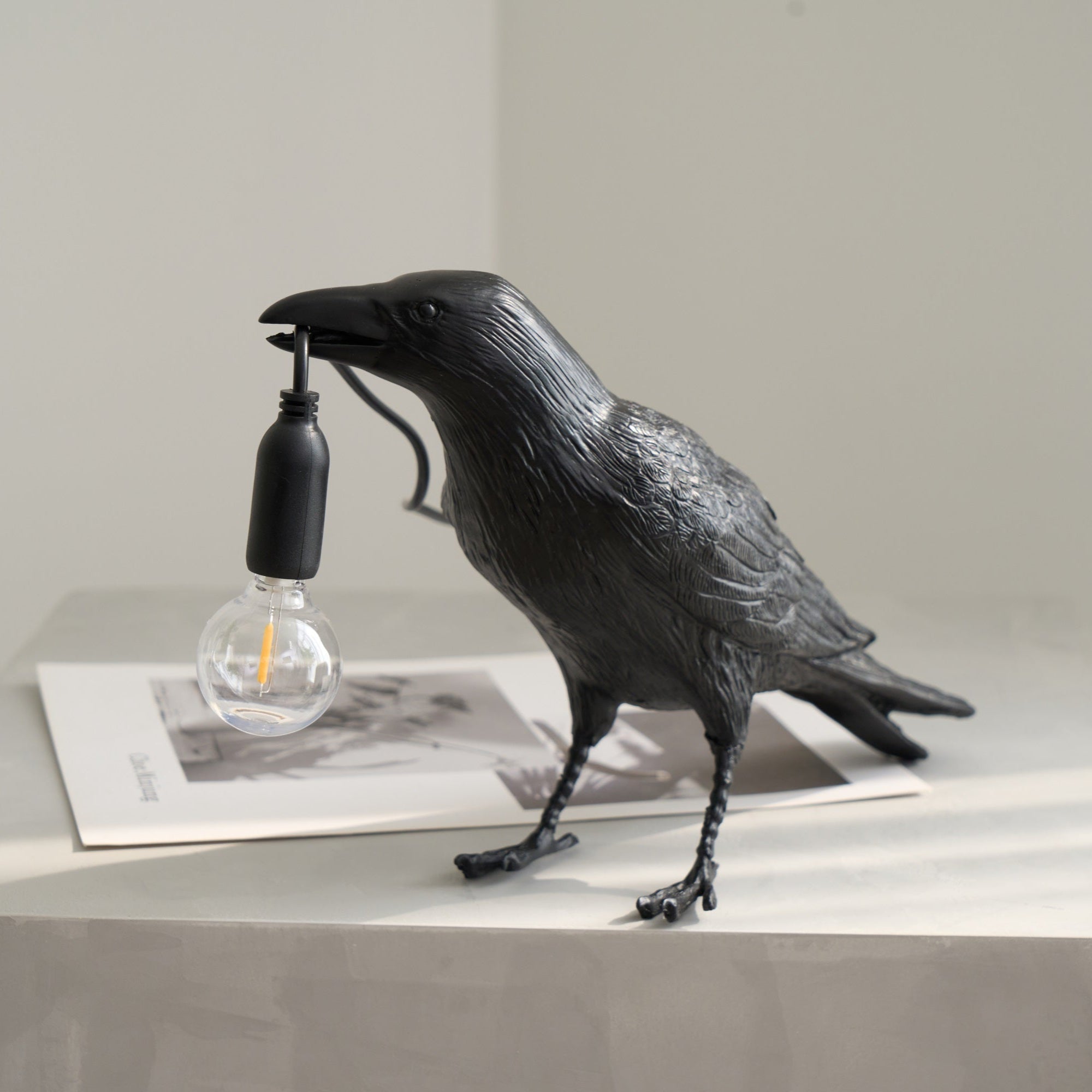 Black Resin Raven Lamp with Hanging LED Bulb
