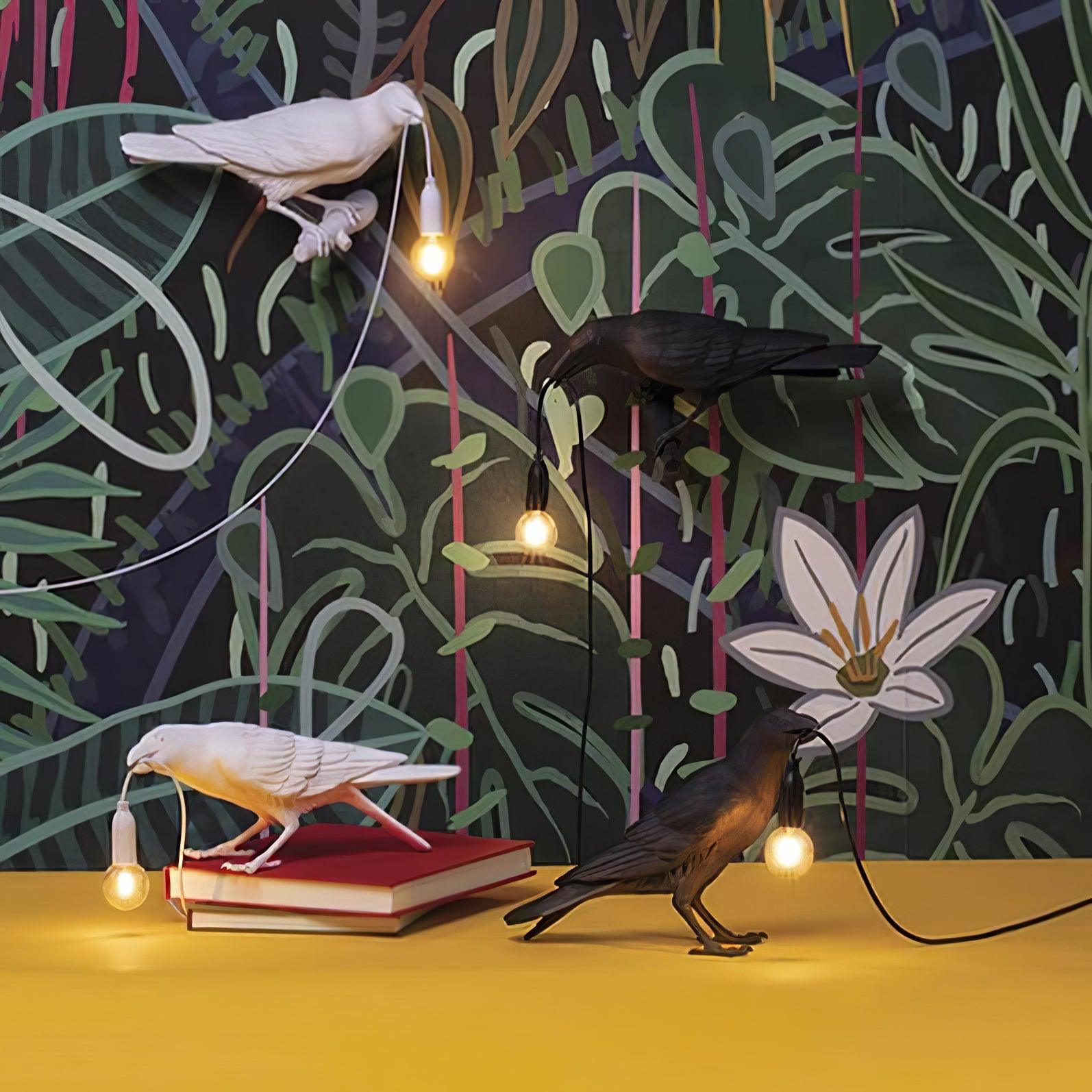 Black Resin Raven Lamp with Hanging LED Bulb