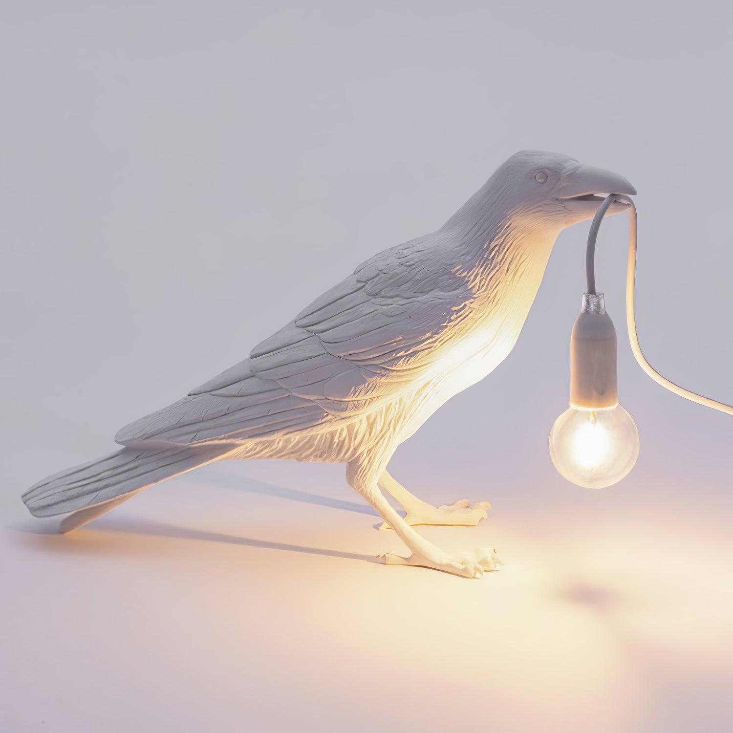 Black Resin Raven Lamp with Hanging LED Bulb