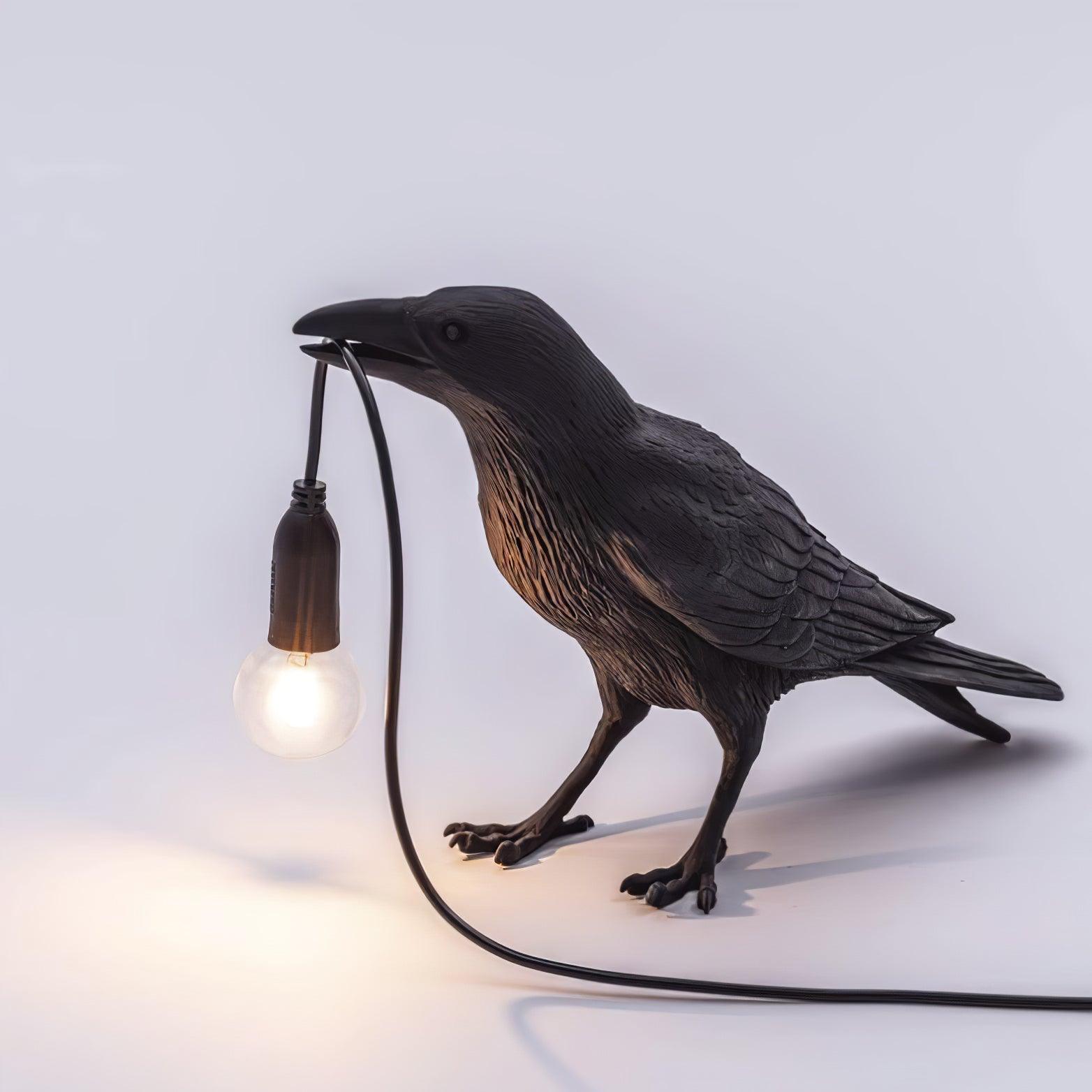 Black Resin Raven Lamp with Hanging LED Bulb