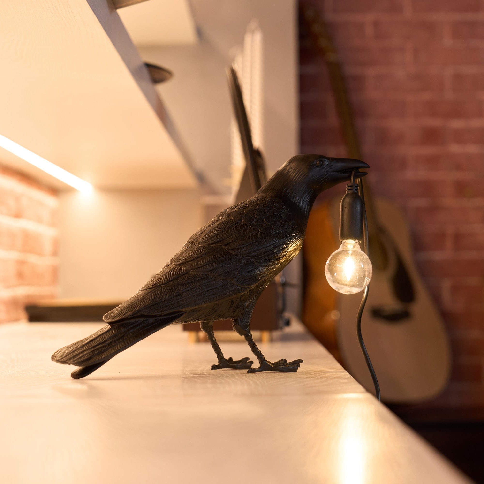 Black Resin Raven Lamp with Hanging LED Bulb