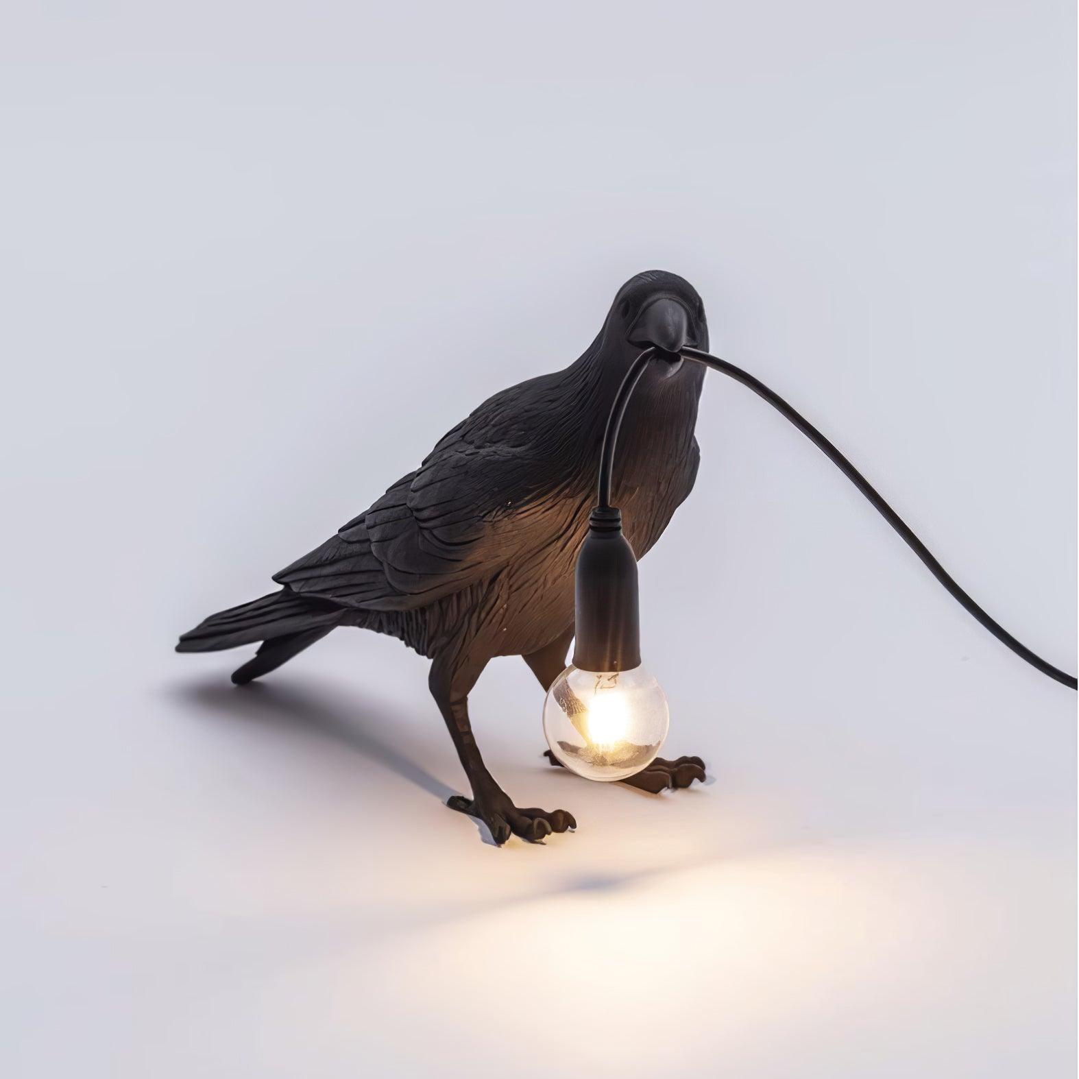Black Resin Raven Lamp with Hanging LED Bulb