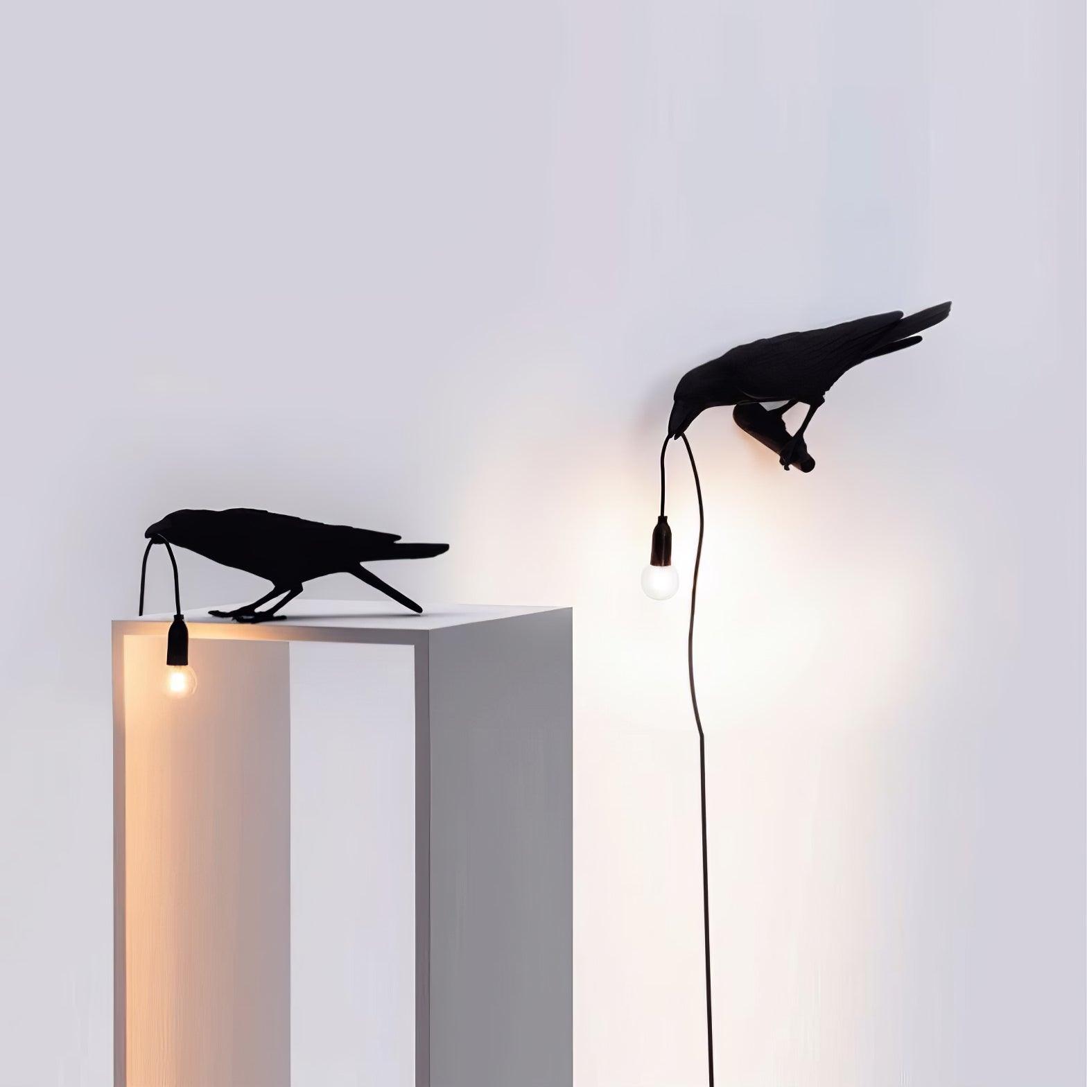 Black Resin Raven Lamp with Hanging LED Bulb