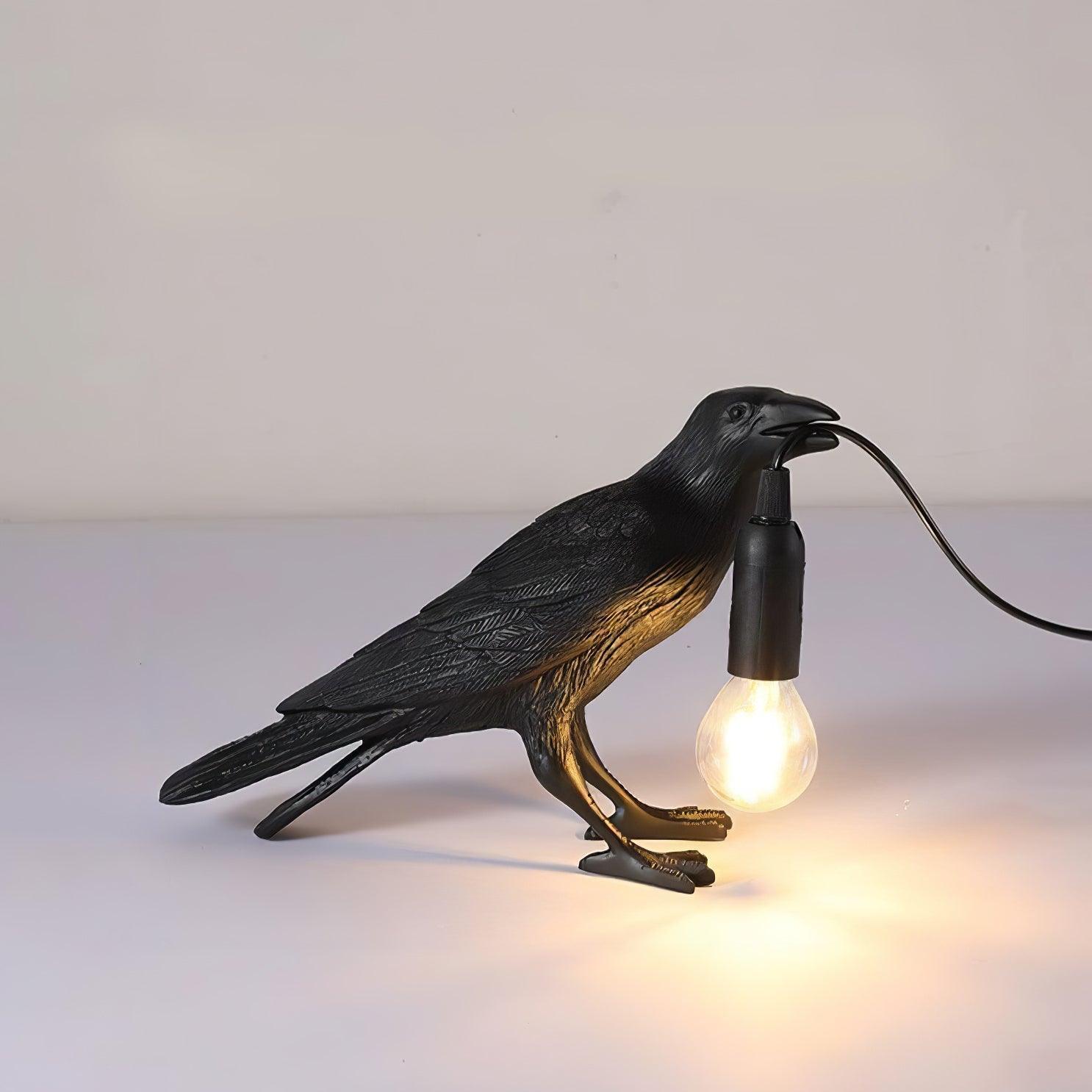Black Resin Raven Lamp with Hanging LED Bulb
