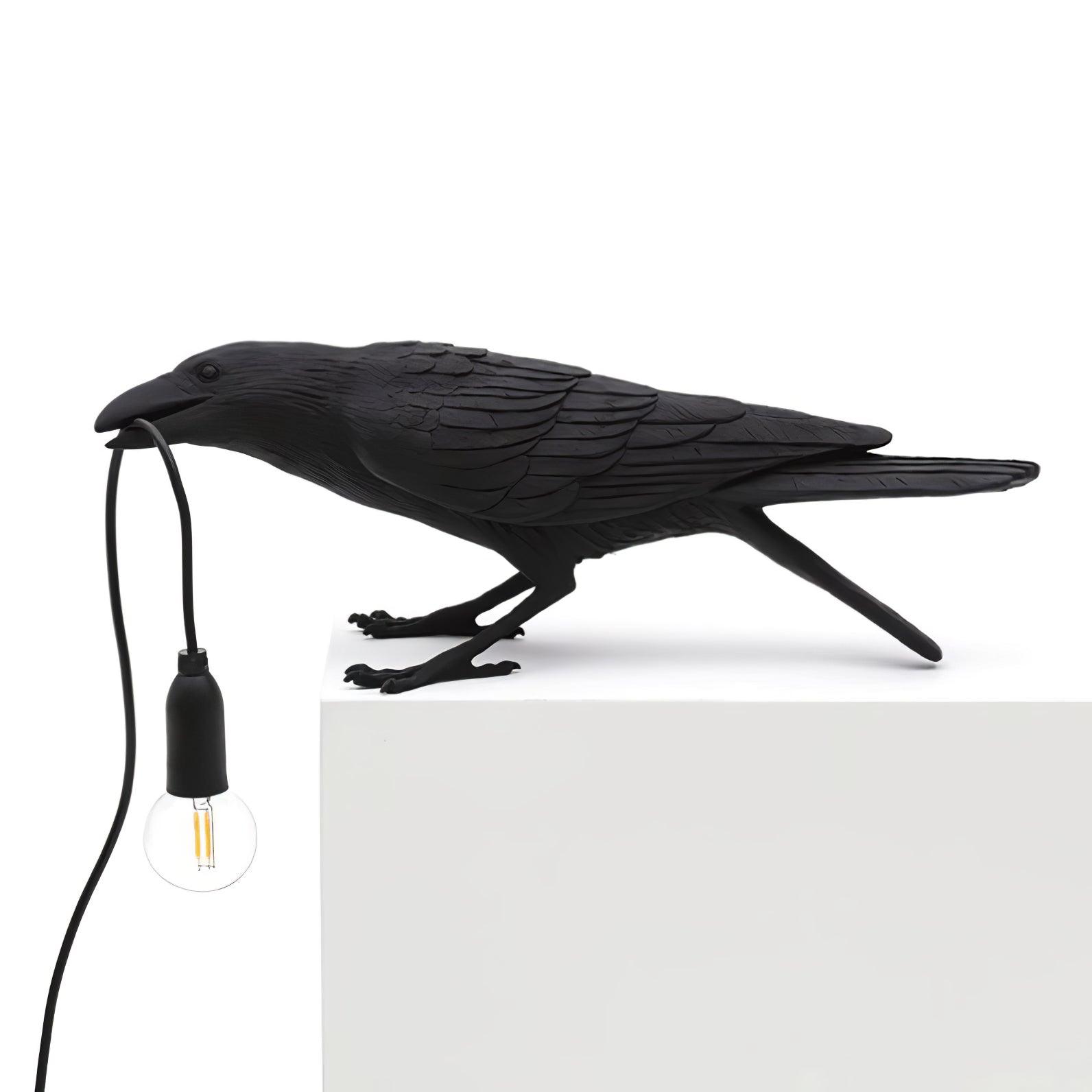 Black Resin Raven Lamp with Hanging LED Bulb
