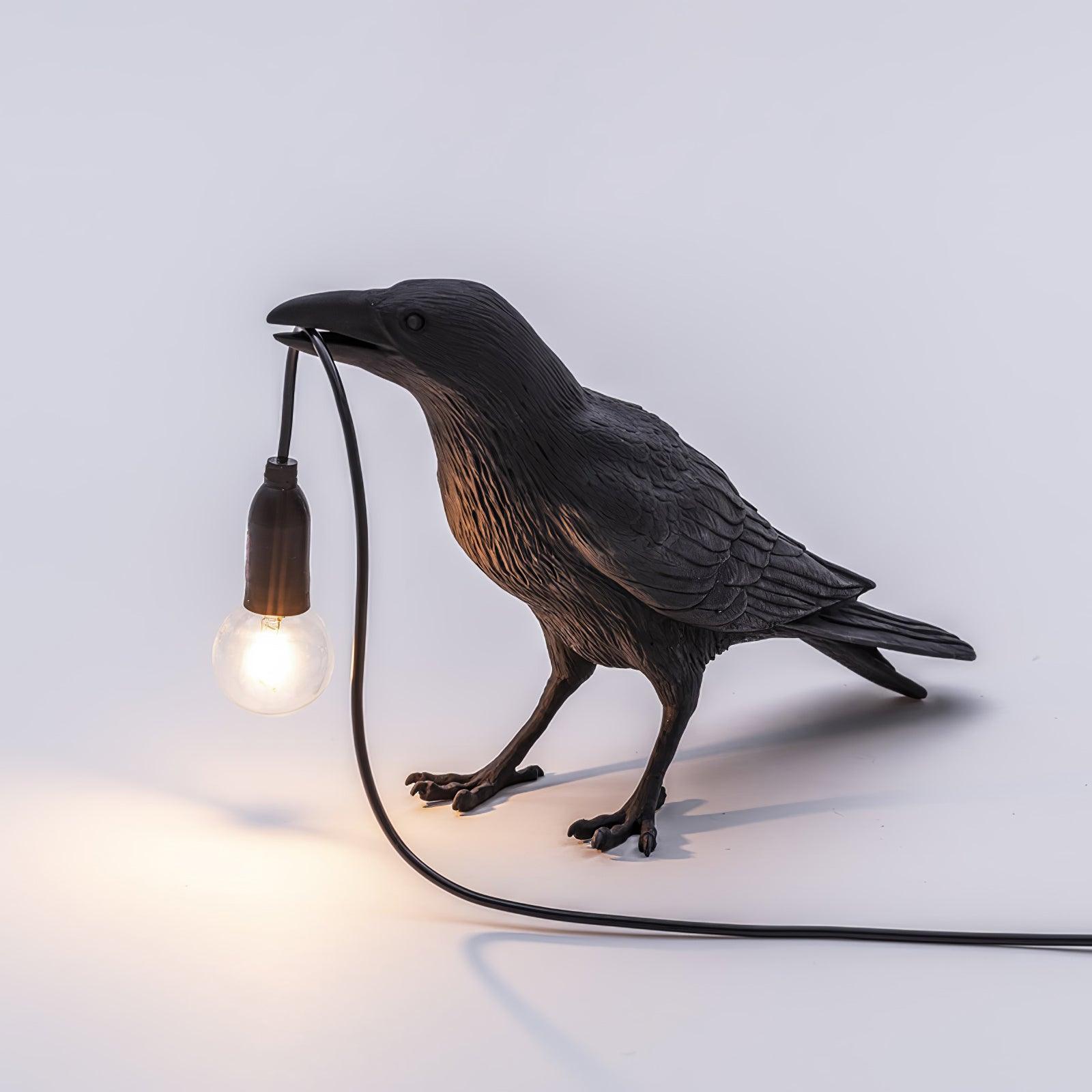 Black Resin Raven Lamp with Hanging LED Bulb