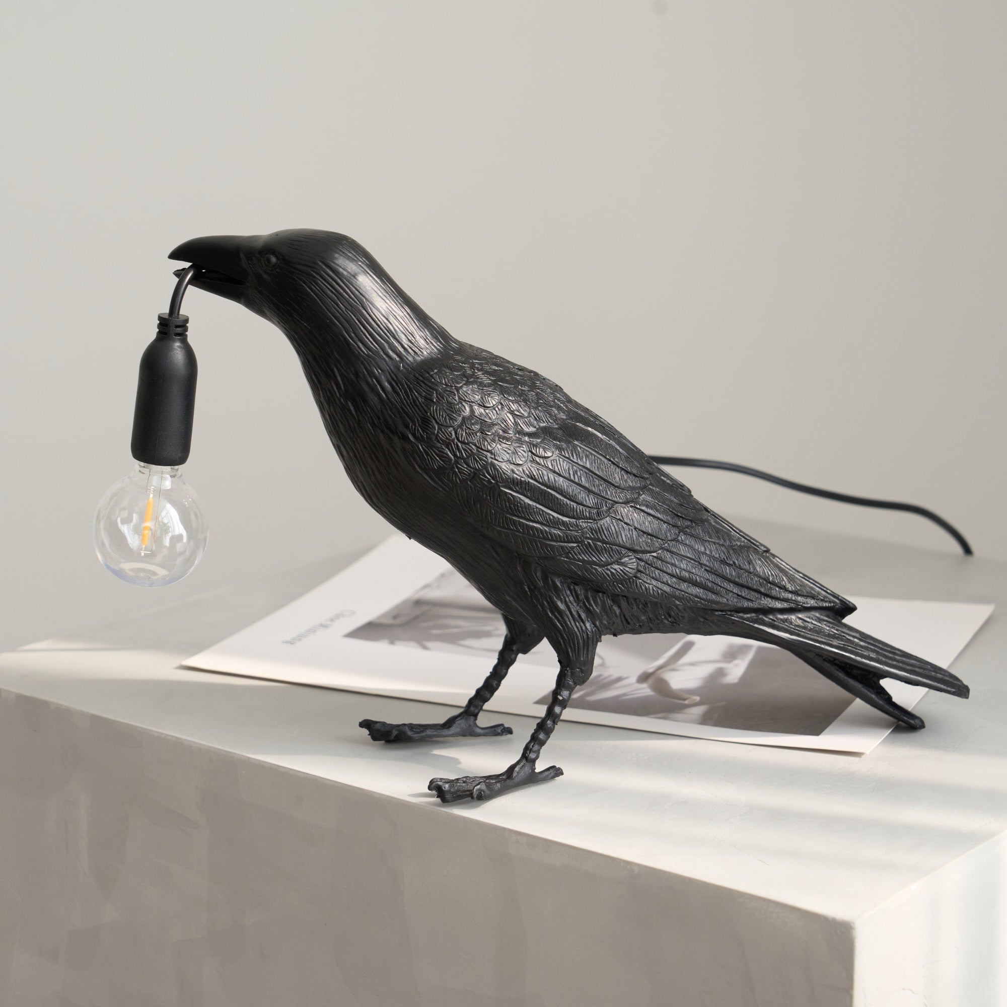 Black Resin Raven Lamp with Hanging LED Bulb