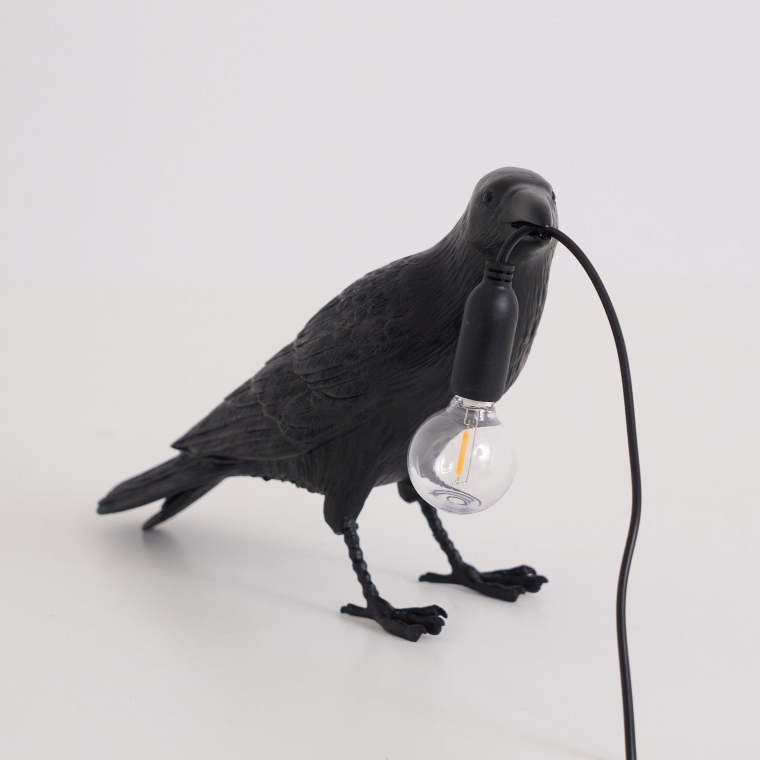 Black Resin Raven Lamp with Hanging LED Bulb