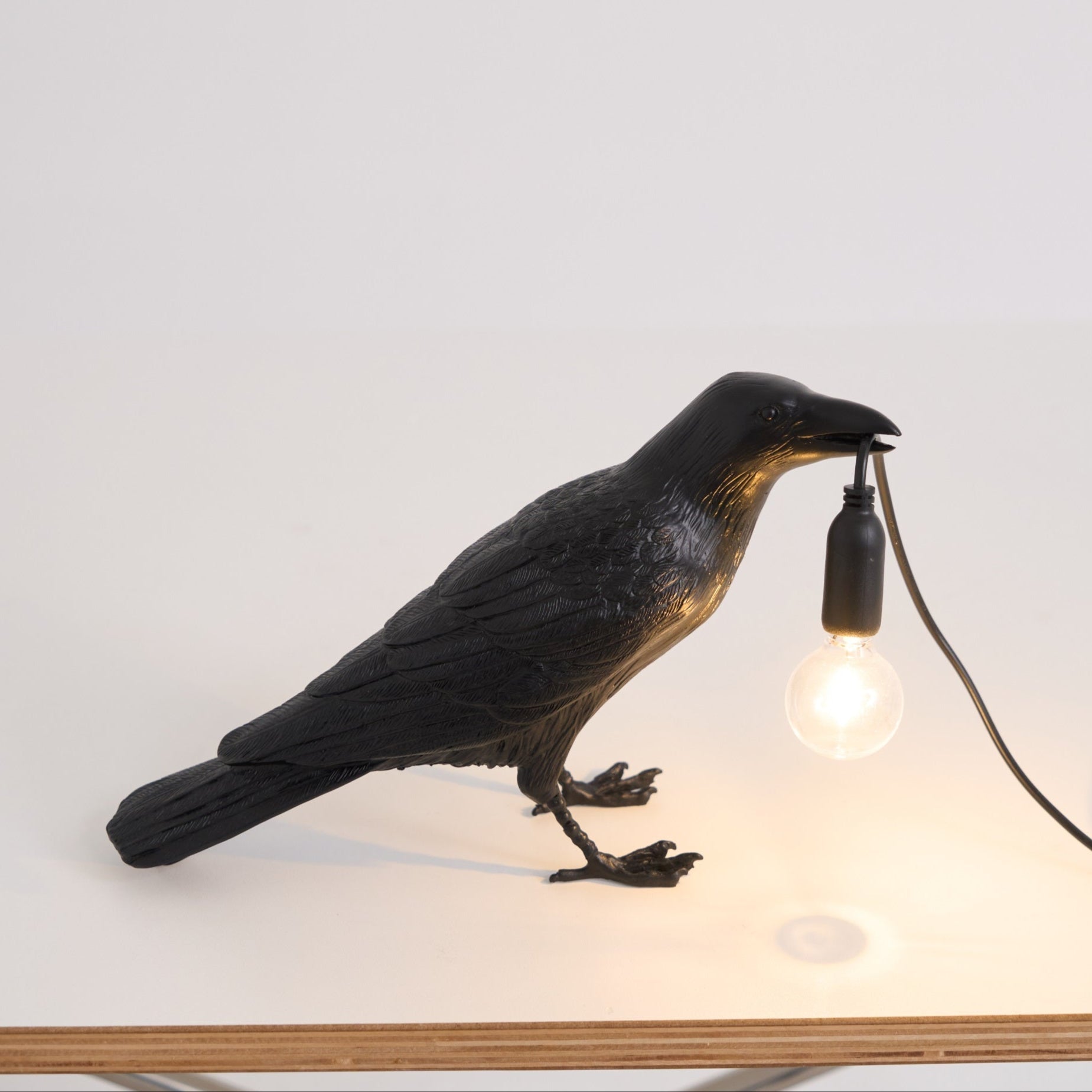 Black Resin Raven Lamp with Hanging LED Bulb