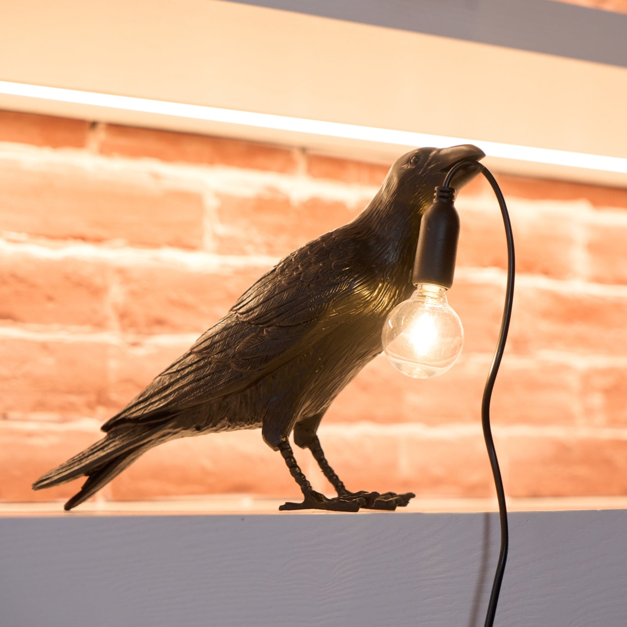 Black Resin Raven Lamp with Hanging LED Bulb