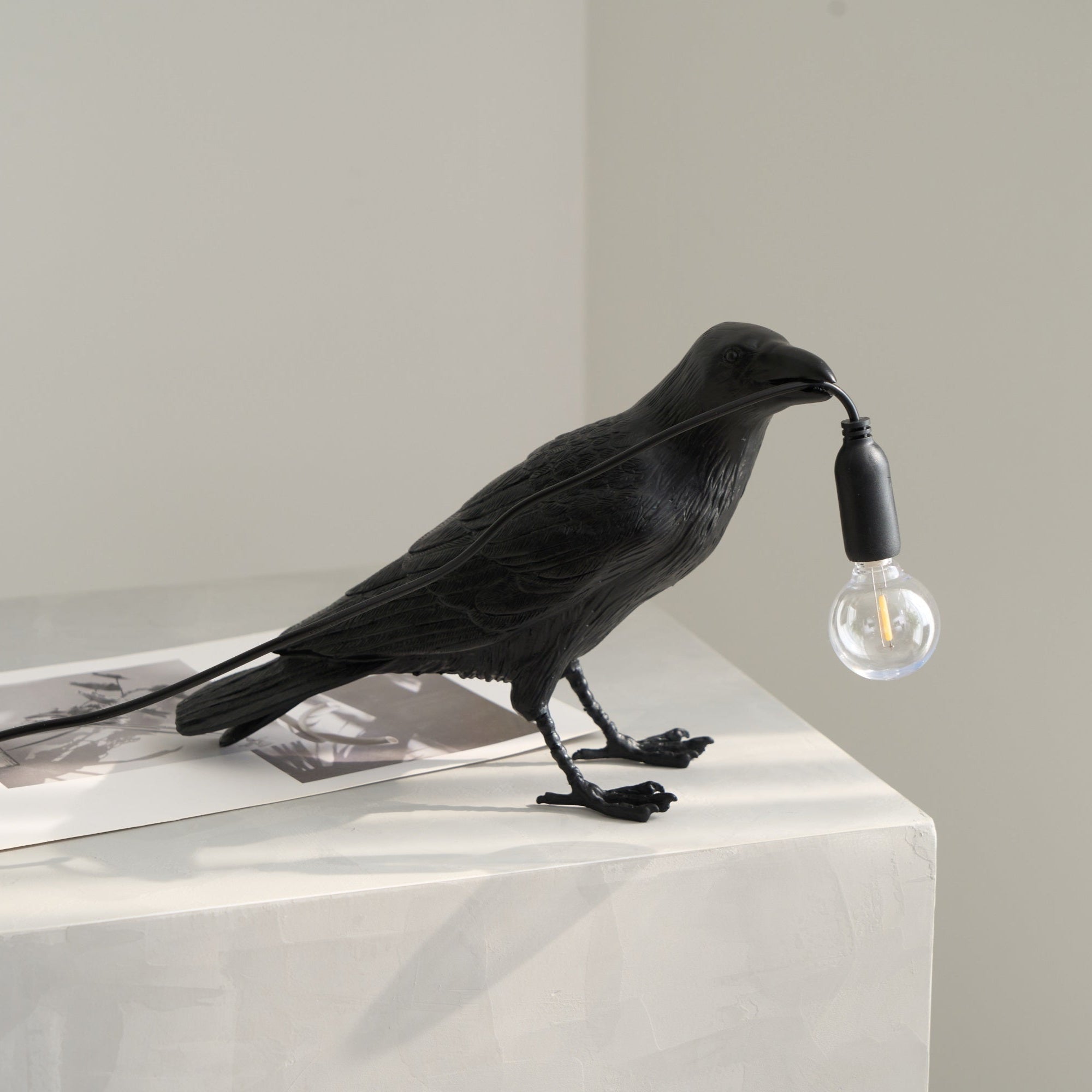 Black Resin Raven Lamp with Hanging LED Bulb