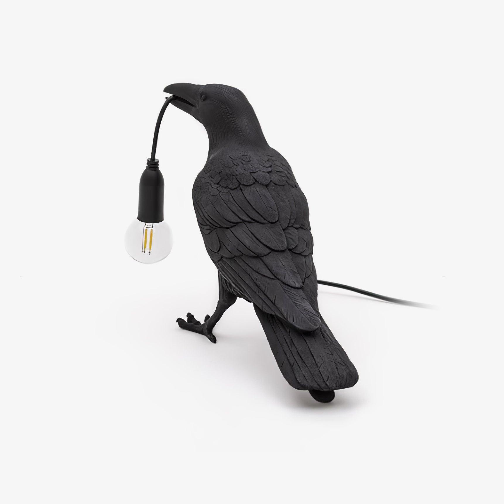 Black Resin Raven Lamp with Hanging LED Bulb