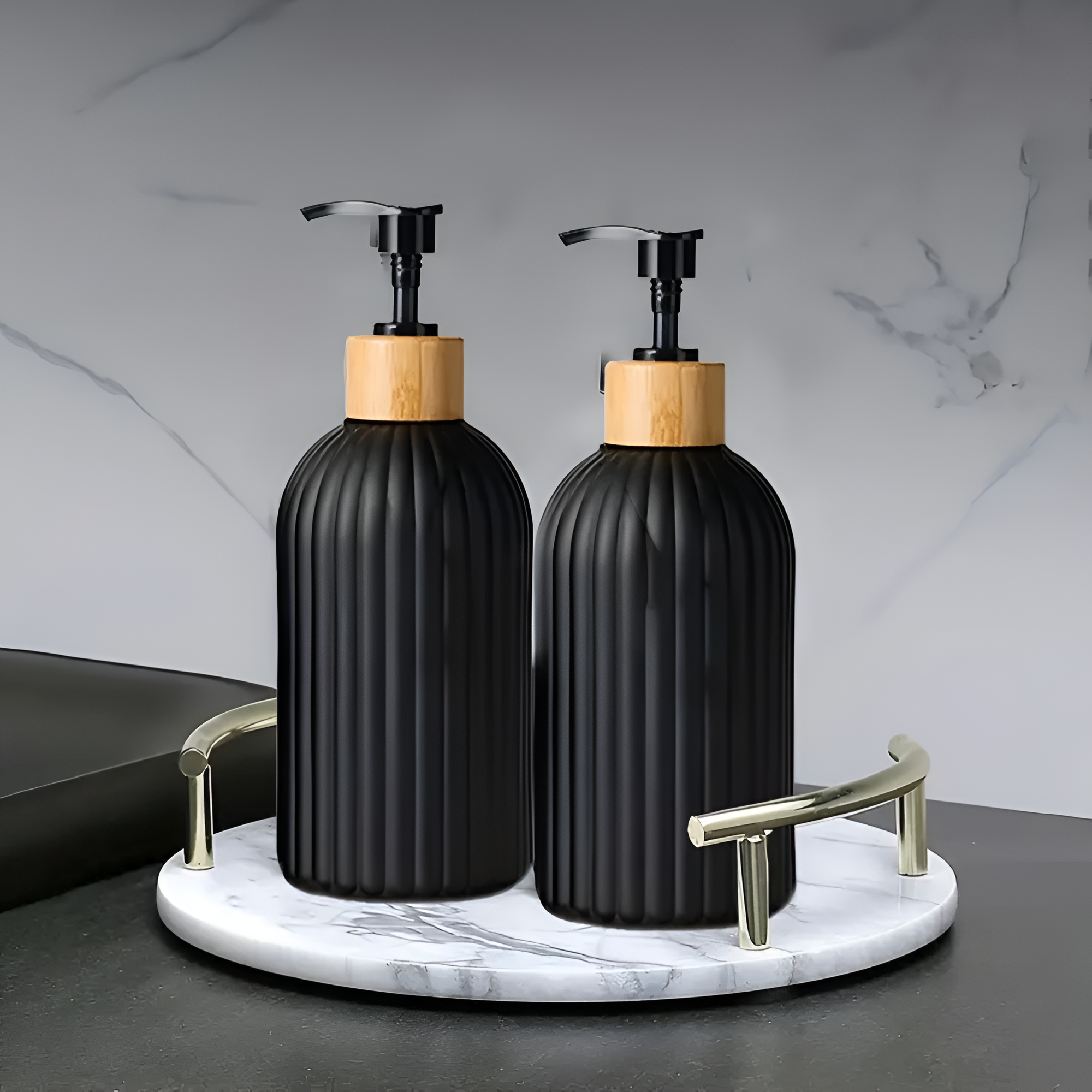 Black Ribbed Soap Dispenser with Bamboo Pump