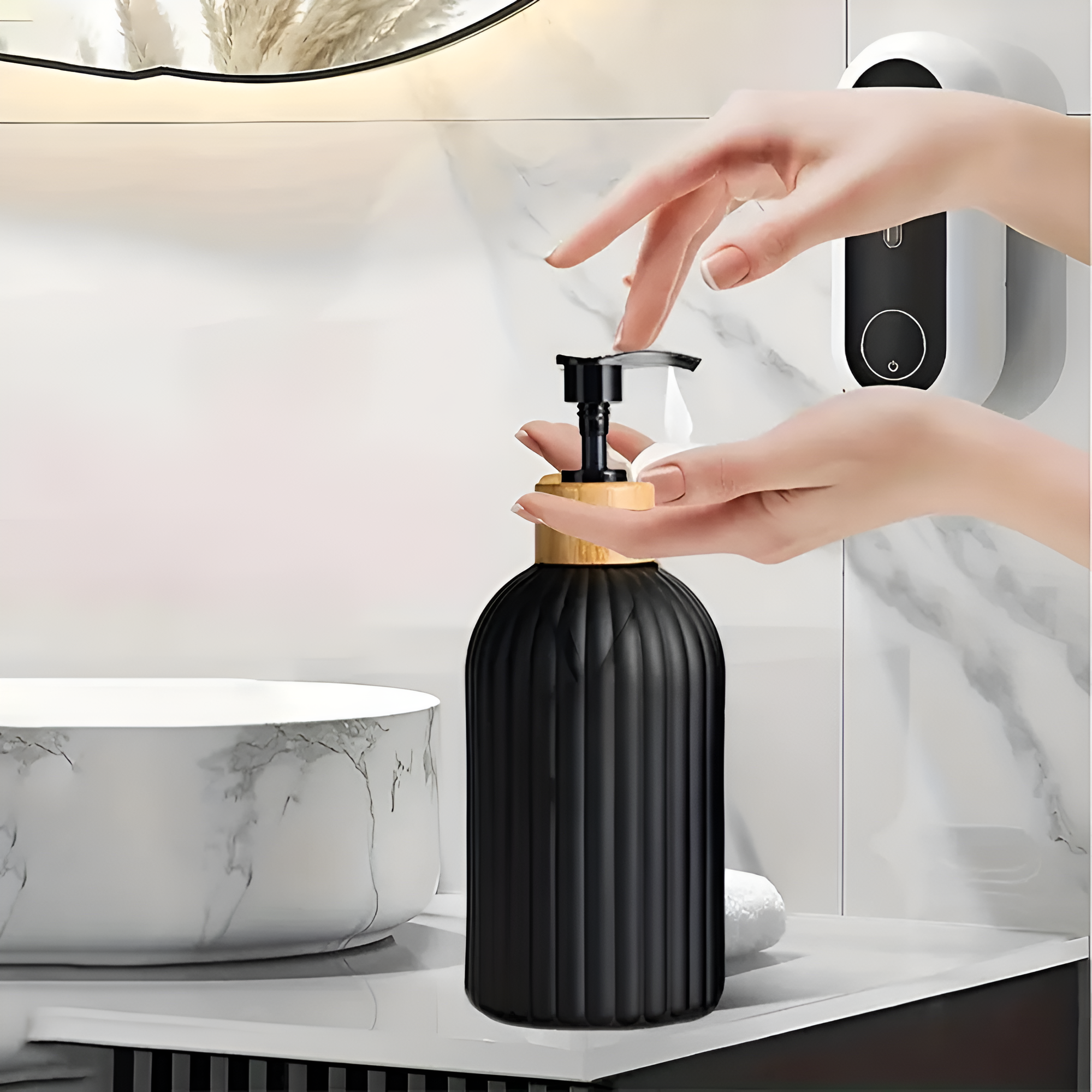 Black Ribbed Soap Dispenser with Bamboo Pump