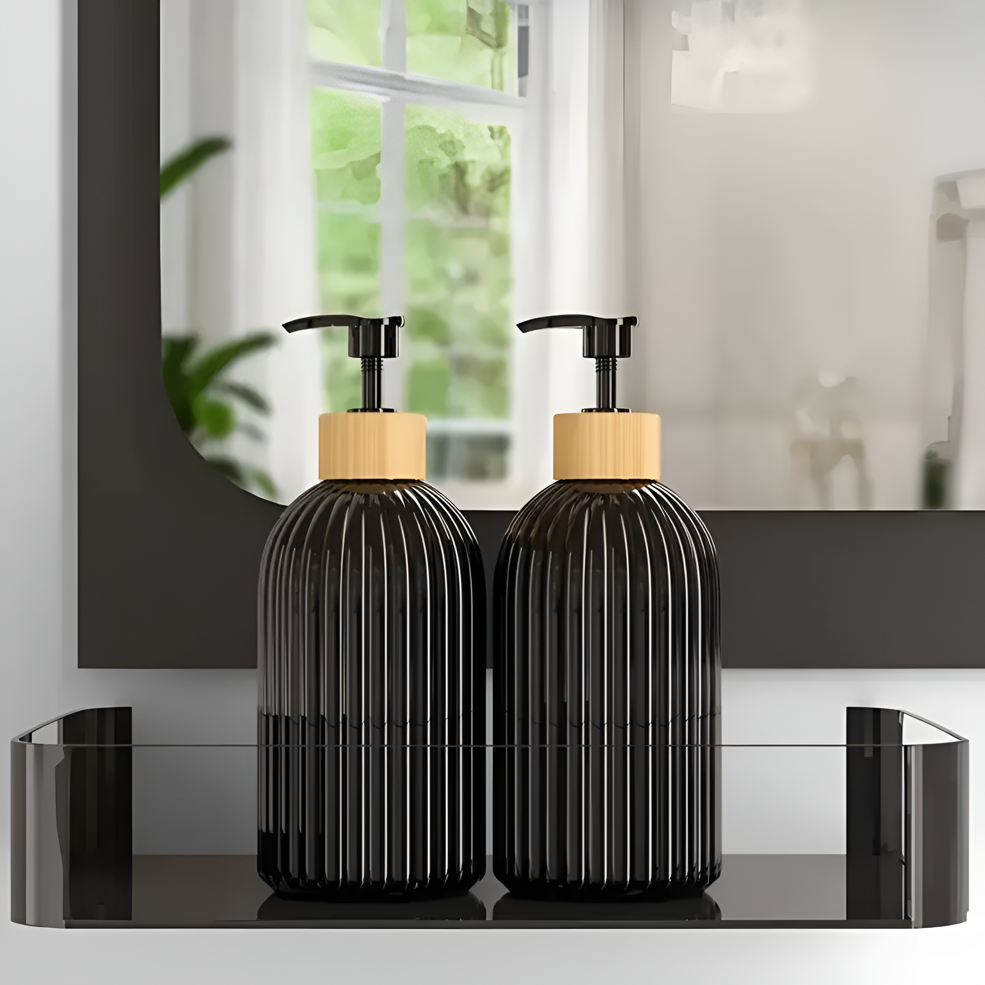 Black Ribbed Soap Dispenser with Bamboo Pump