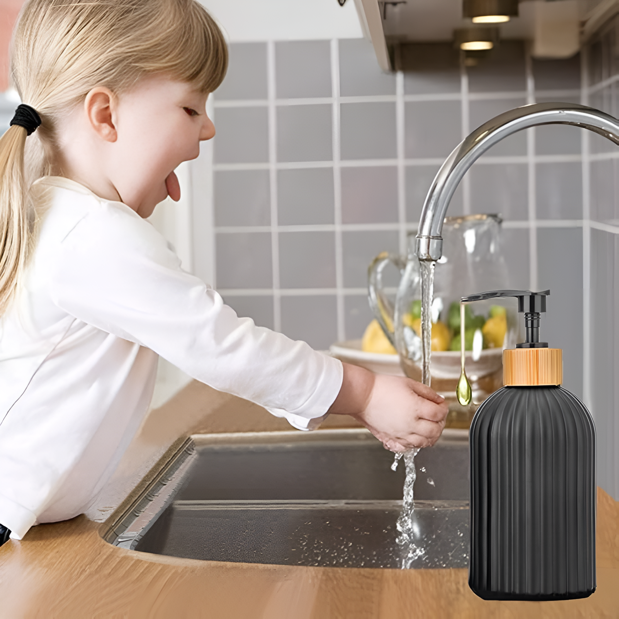 Black Ribbed Soap Dispenser with Bamboo Pump
