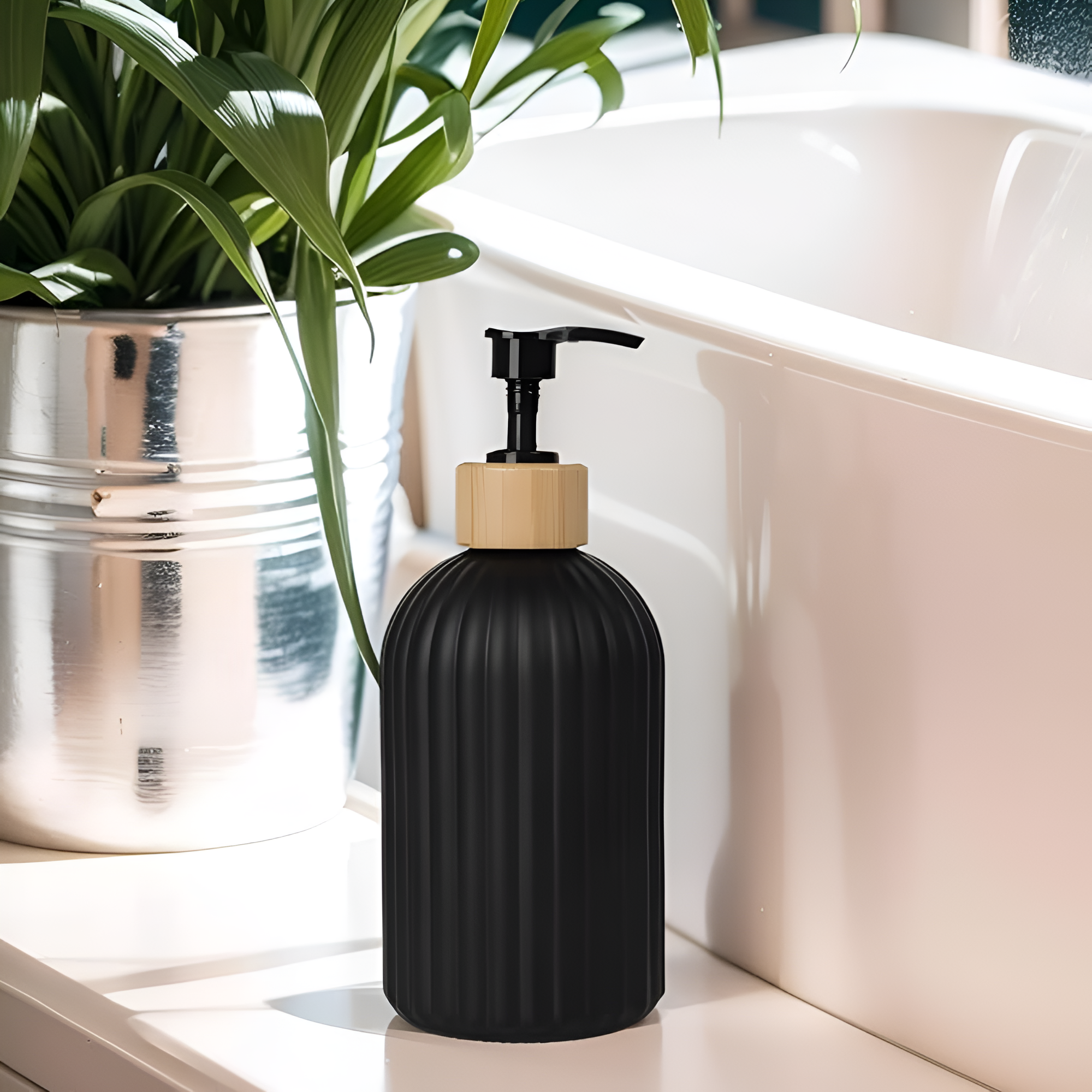 Black Ribbed Soap Dispenser with Bamboo Pump