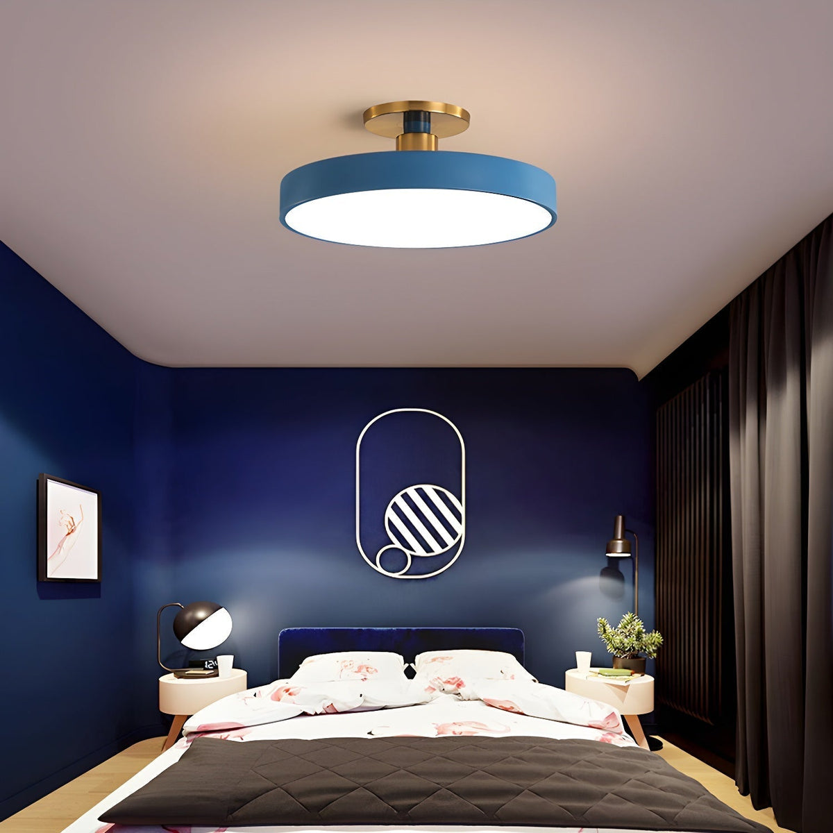 Black Round LED Flush Mount Light Gold Accent