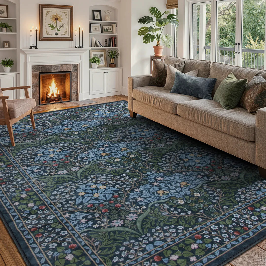 Blue Vintage Floral Rug with Non-Slip Backing