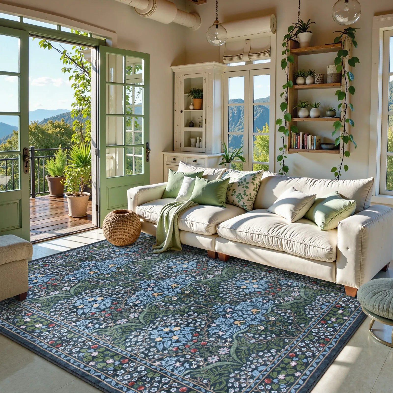 Blue Vintage Floral Rug with Non-Slip Backing