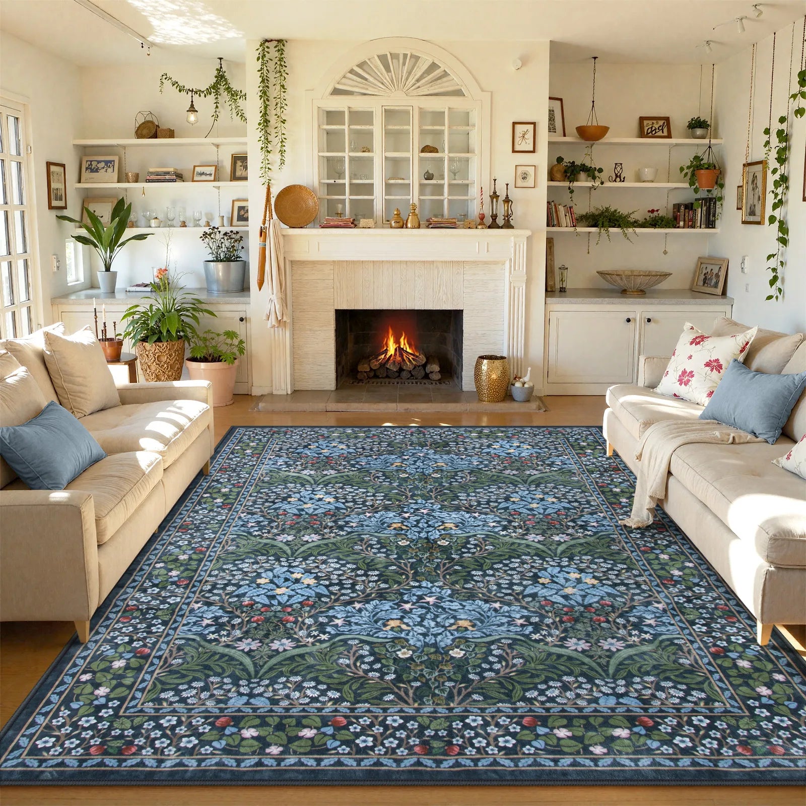 Blue Vintage Floral Rug with Non-Slip Backing