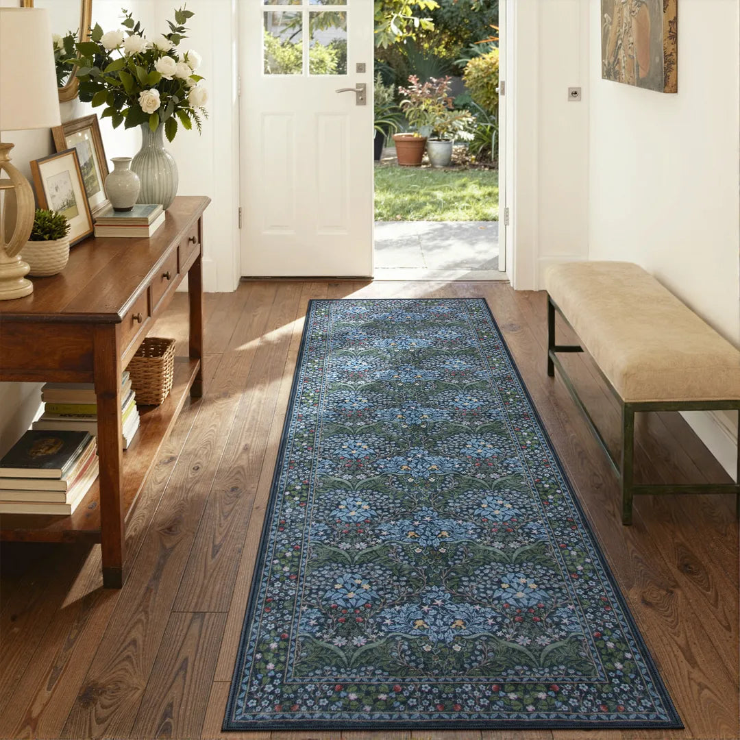 Blue Vintage Floral Rug with Non-Slip Backing