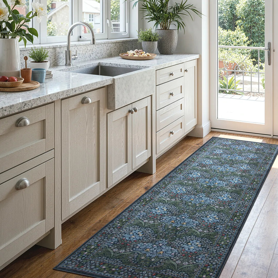Blue Vintage Floral Rug with Non-Slip Backing