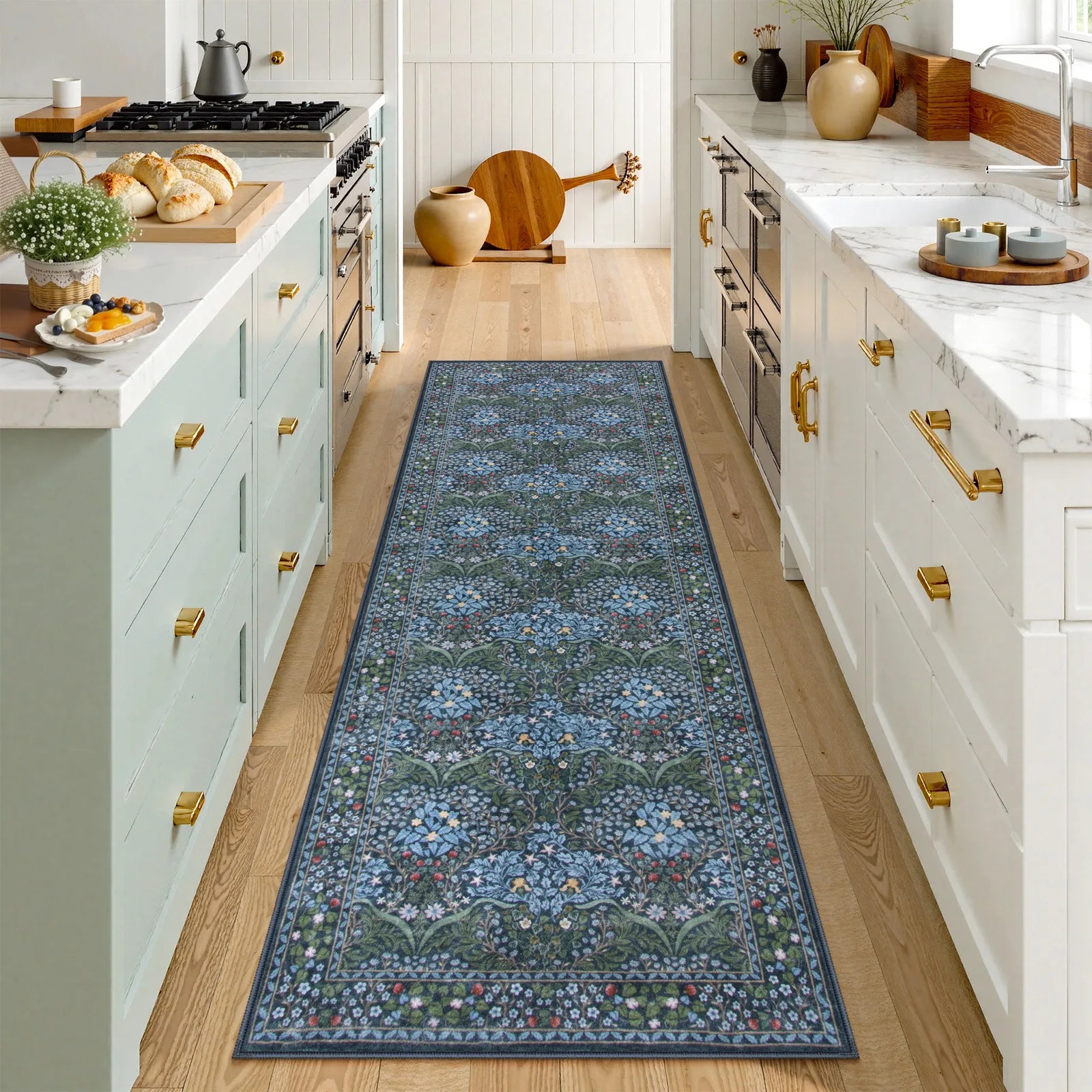 Blue Vintage Floral Rug with Non-Slip Backing