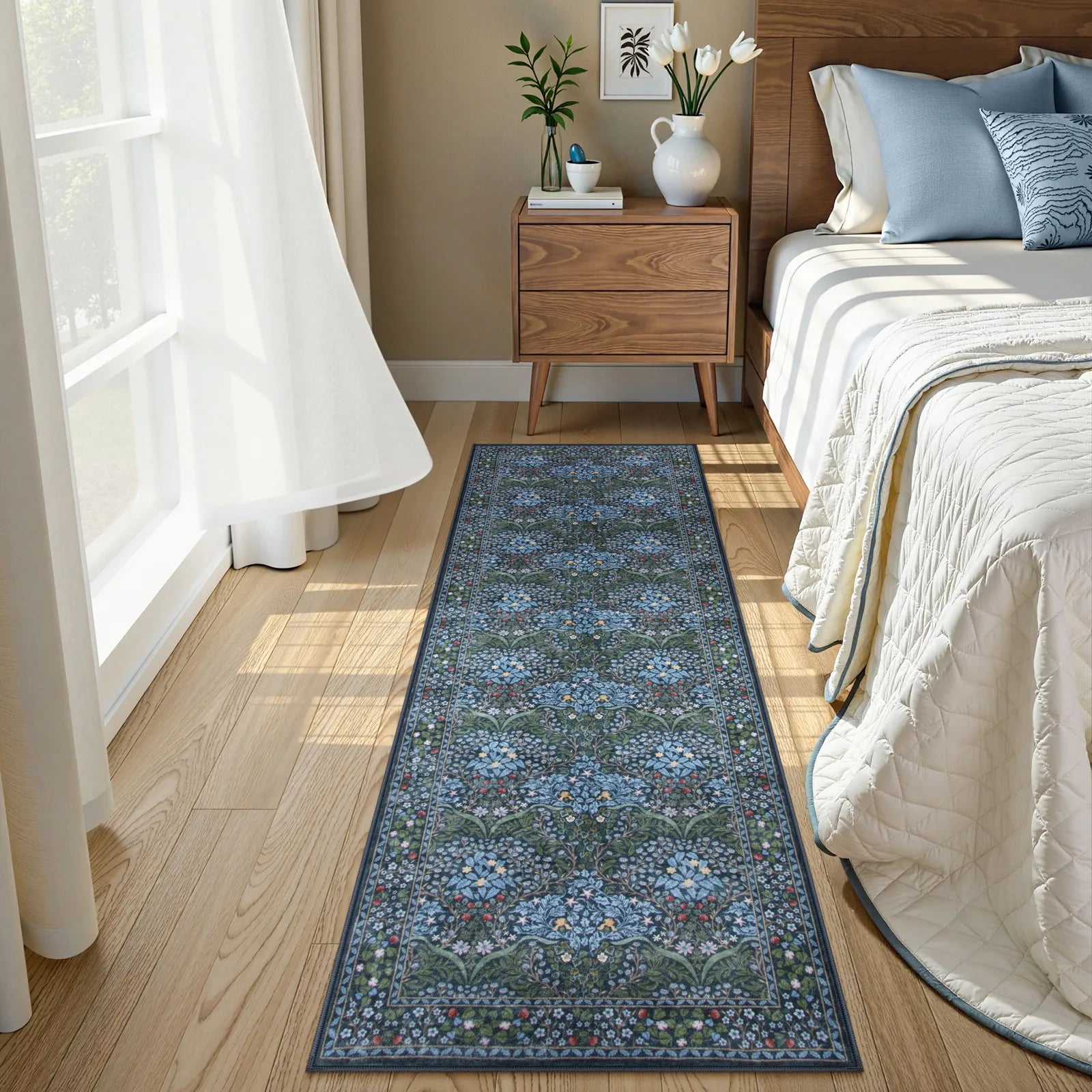 Blue Vintage Floral Rug with Non-Slip Backing