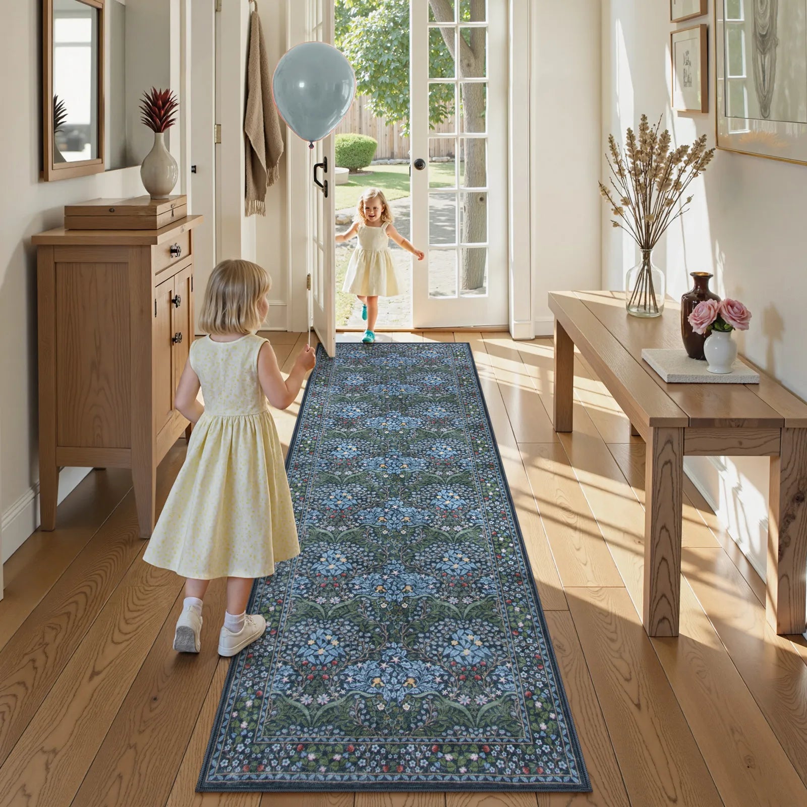 Blue Vintage Floral Rug with Non-Slip Backing