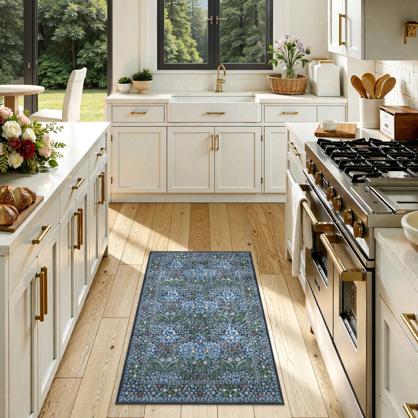 Blue Vintage Floral Rug with Non-Slip Backing