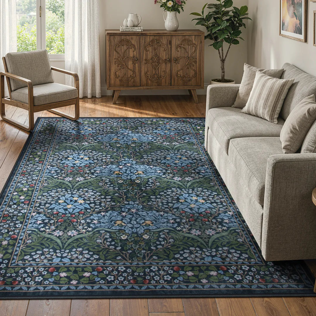 Blue Vintage Floral Rug with Non-Slip Backing