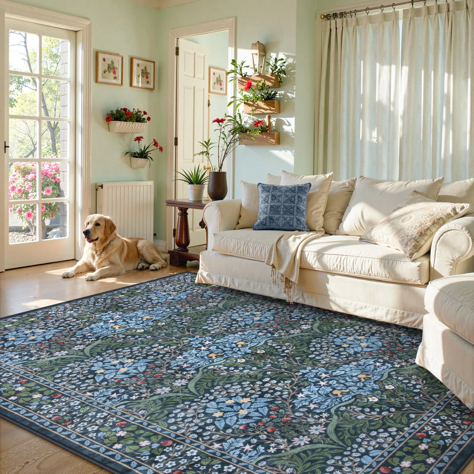 Blue Vintage Floral Rug with Non-Slip Backing