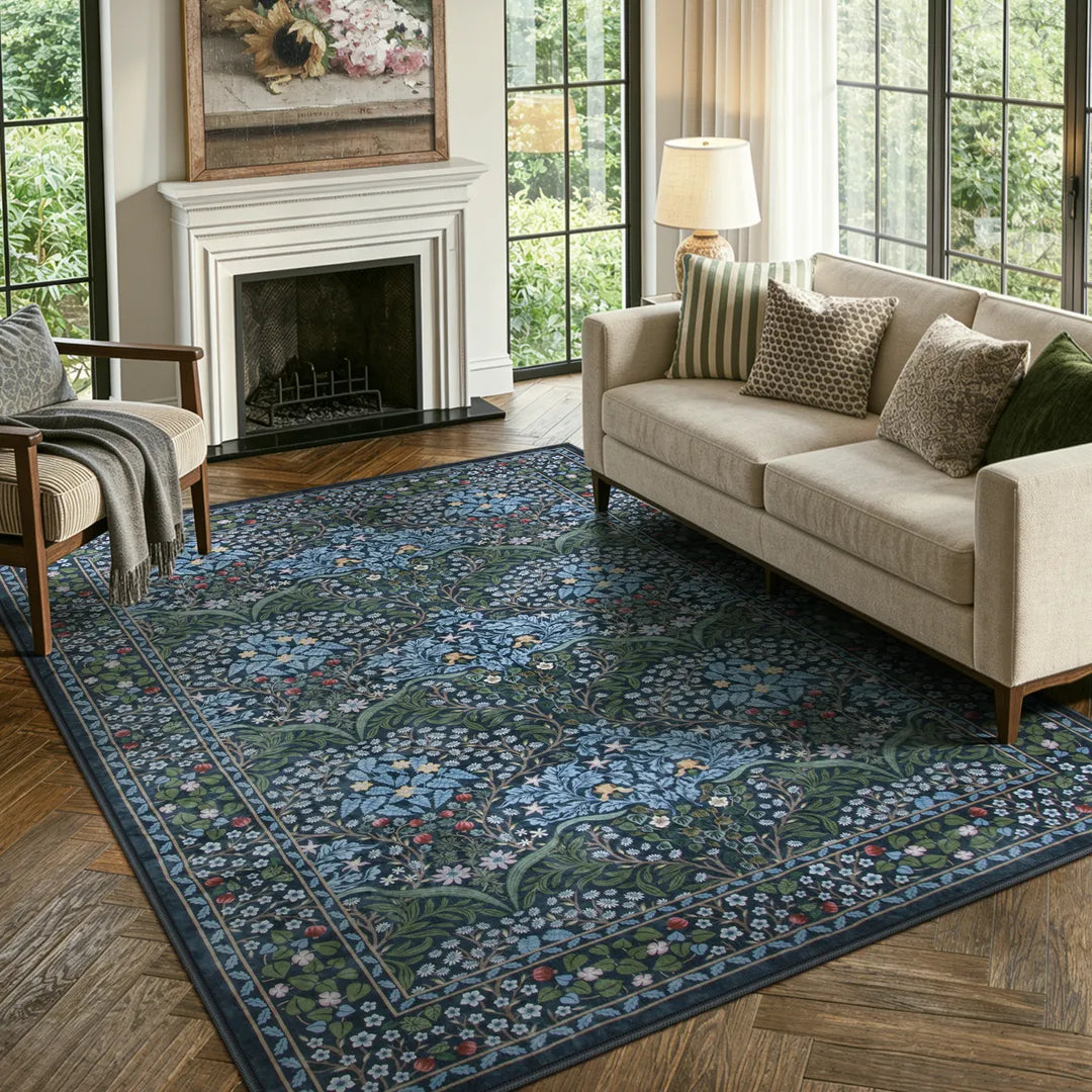 Blue Vintage Floral Rug with Non-Slip Backing