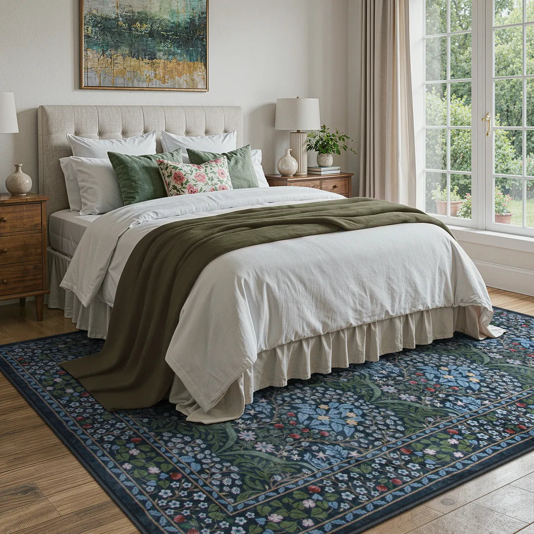 Blue Vintage Floral Rug with Non-Slip Backing