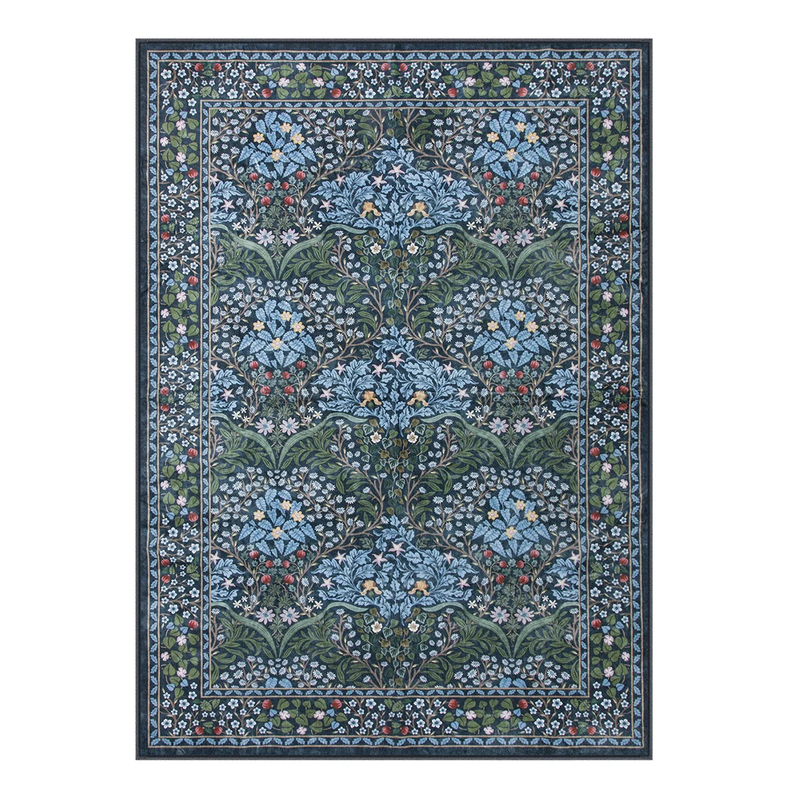 Blue Vintage Floral Rug with Non-Slip Backing
