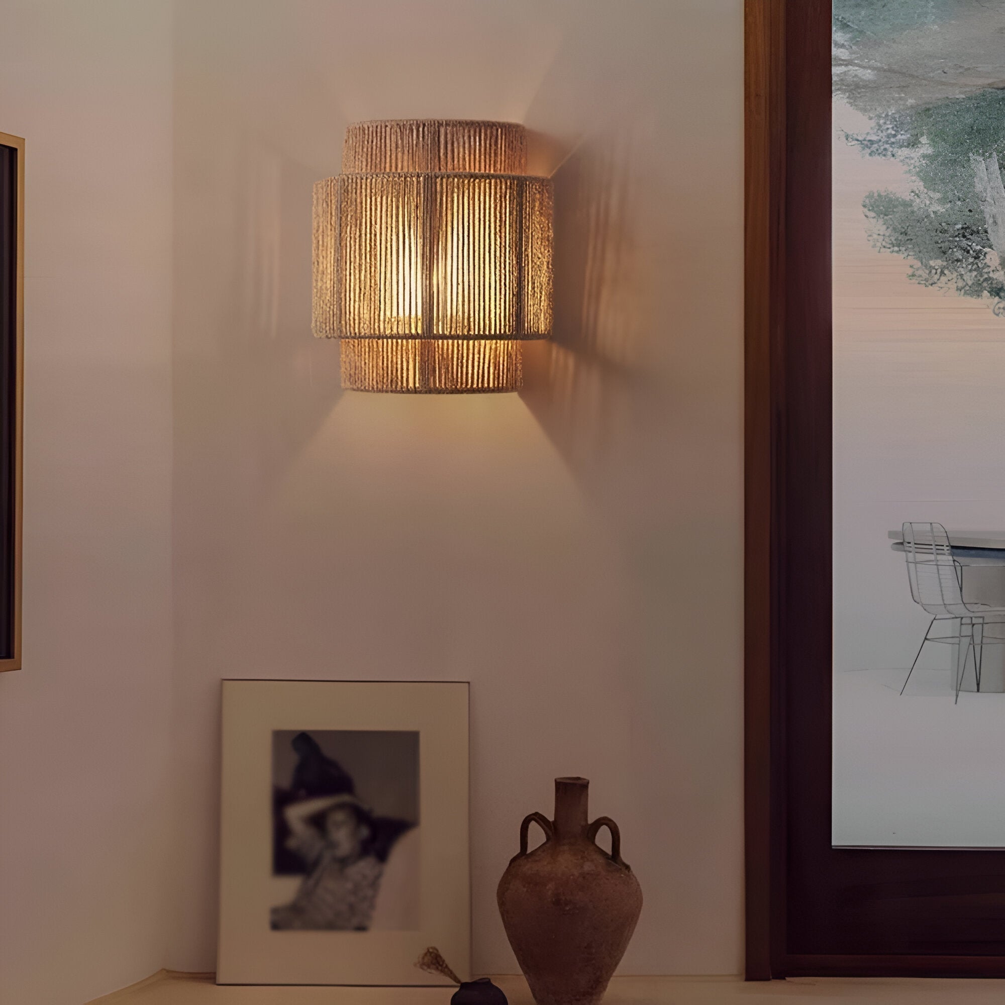 Boho Hemp Rope Wall Sconce with Layered Shade