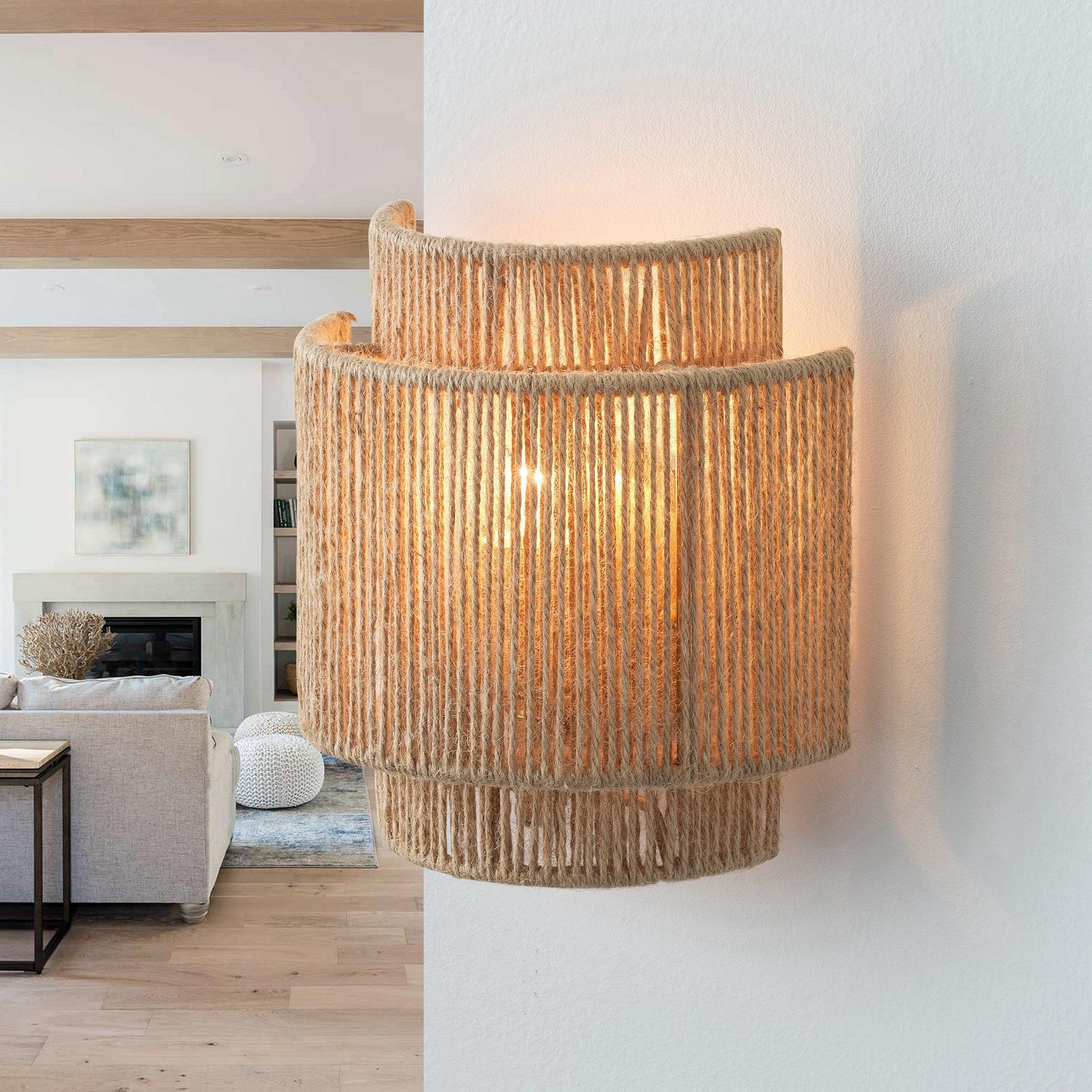 Boho Hemp Rope Wall Sconce with Layered Shade
