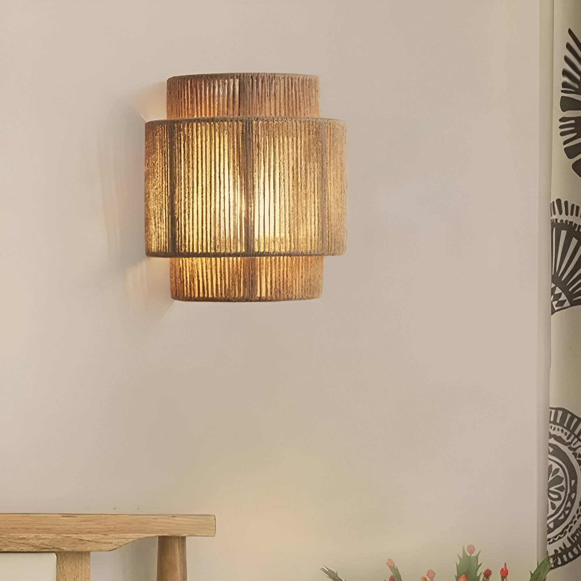 Boho Hemp Rope Wall Sconce with Layered Shade