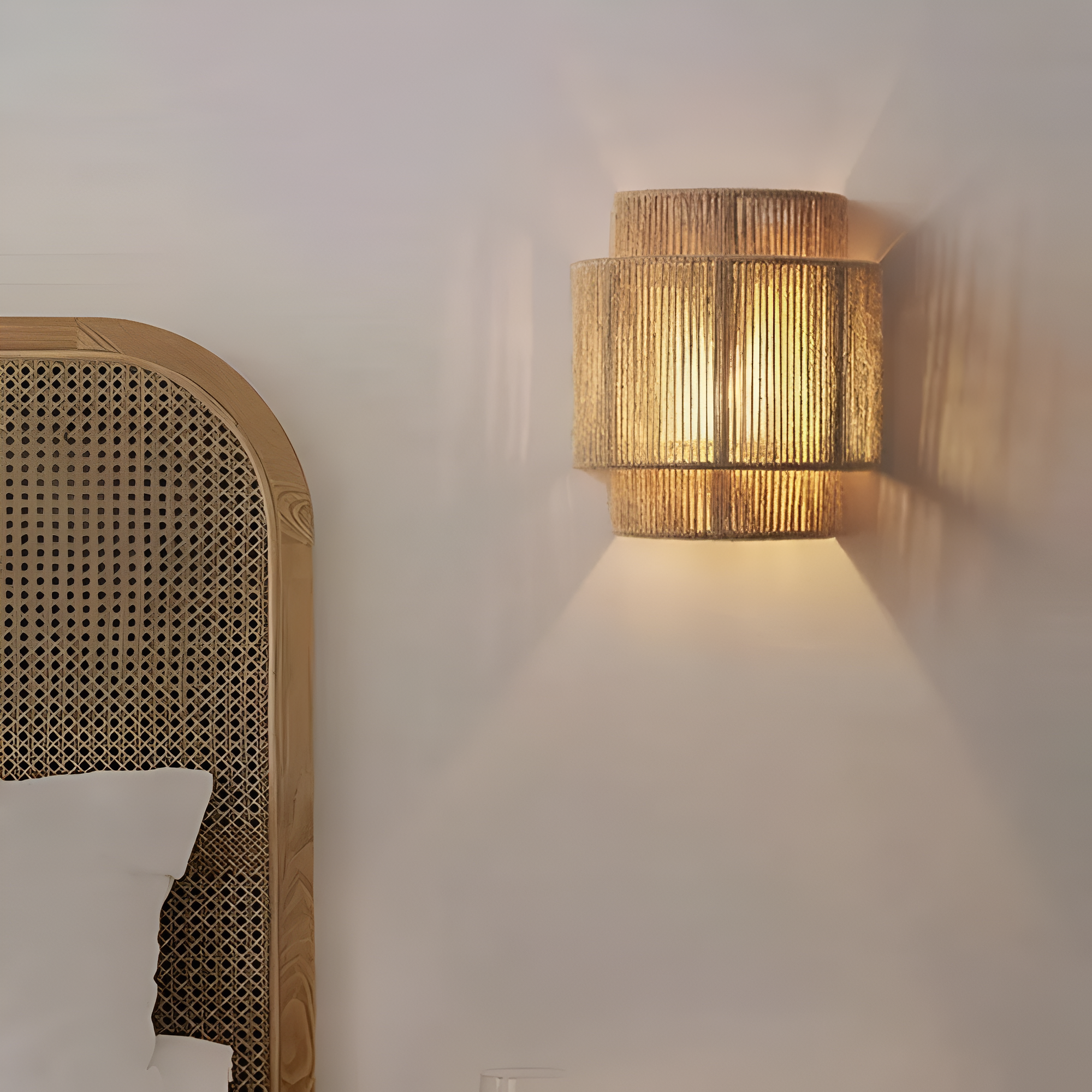 Boho Hemp Rope Wall Sconce with Layered Shade