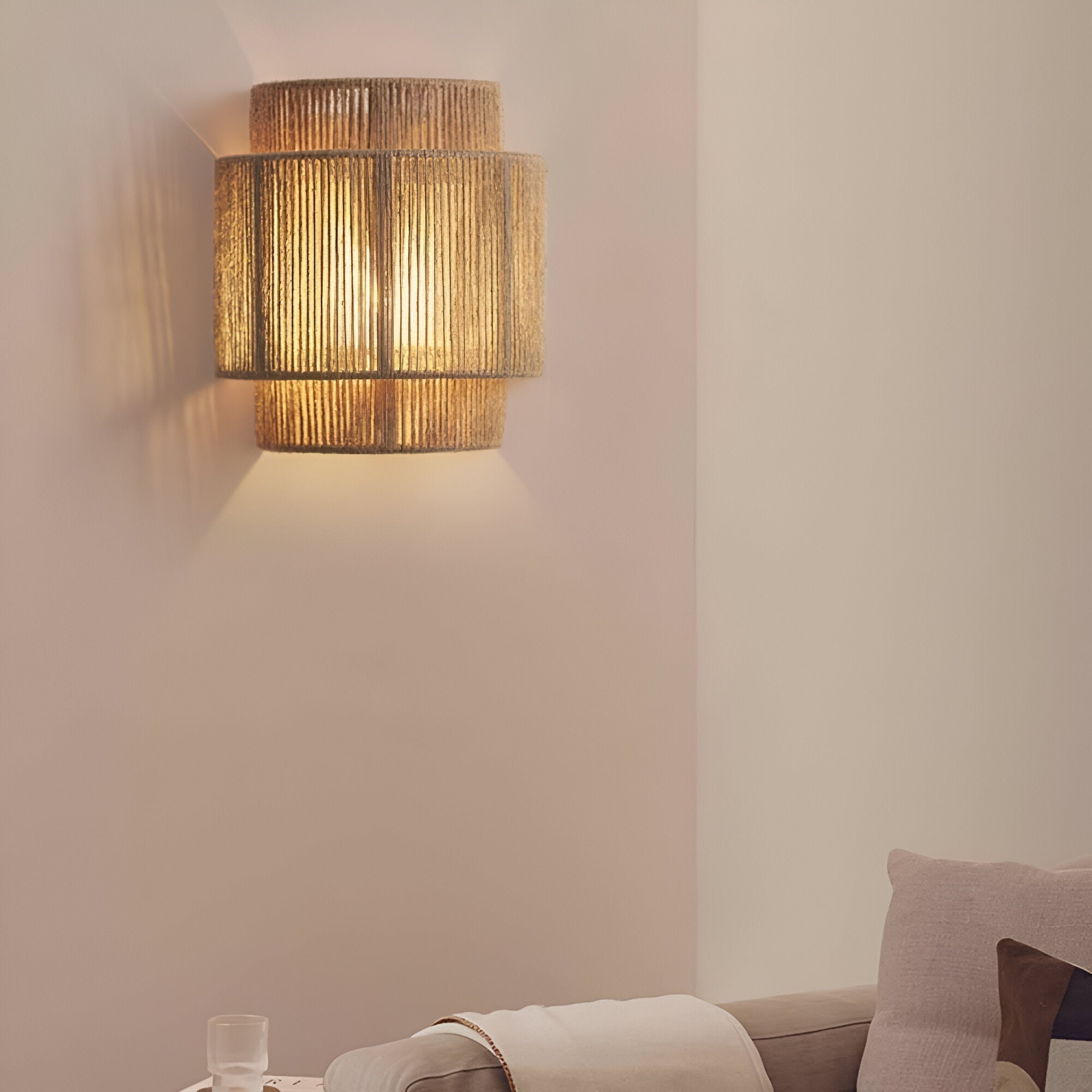 Boho Hemp Rope Wall Sconce with Layered Shade