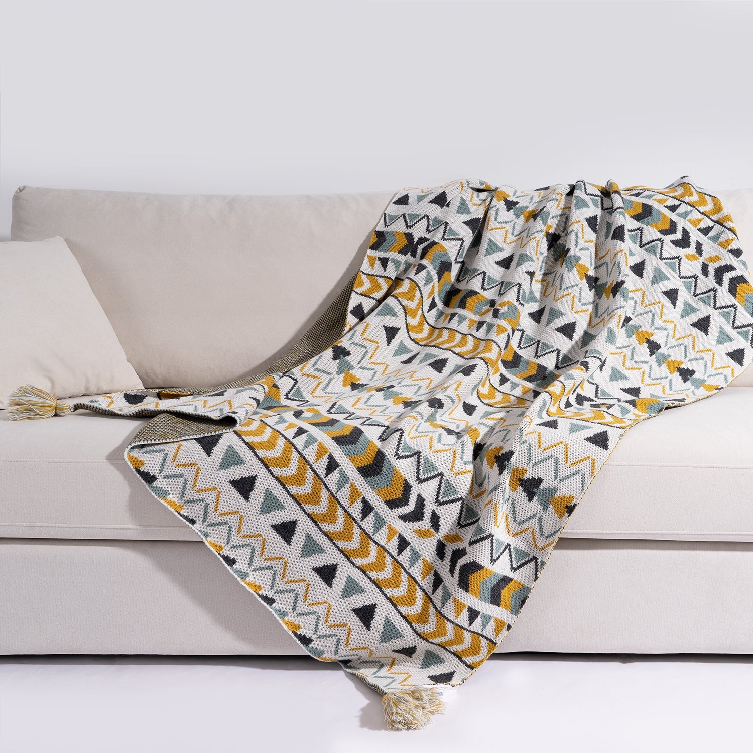 Boho Tribal Throw Blanket with Corner Tassels