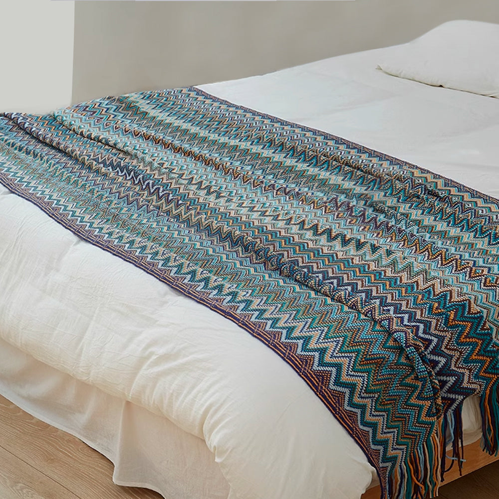 Boho Zigzag Knit Throw Blanket with Fringe