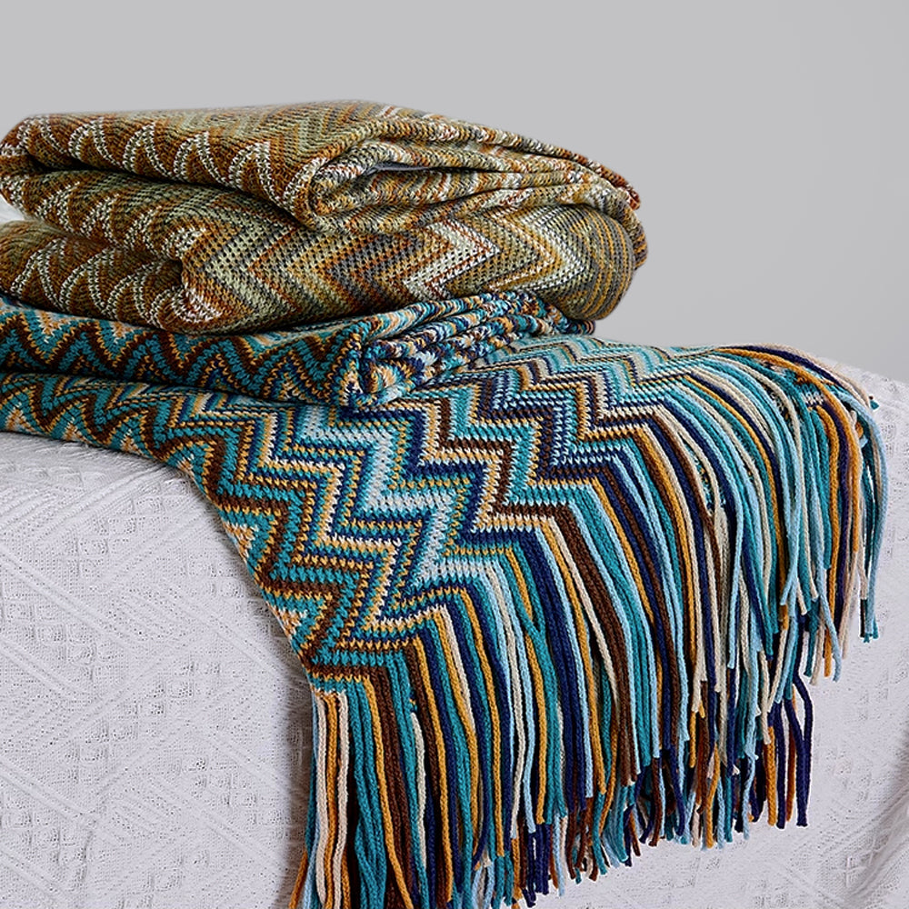 Boho Zigzag Knit Throw Blanket with Fringe