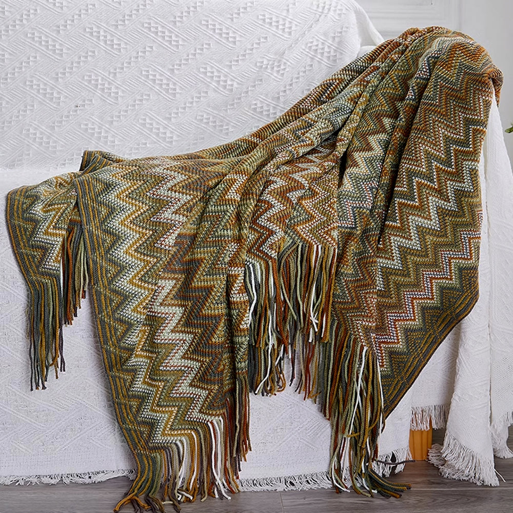 Boho Zigzag Knit Throw Blanket with Fringe